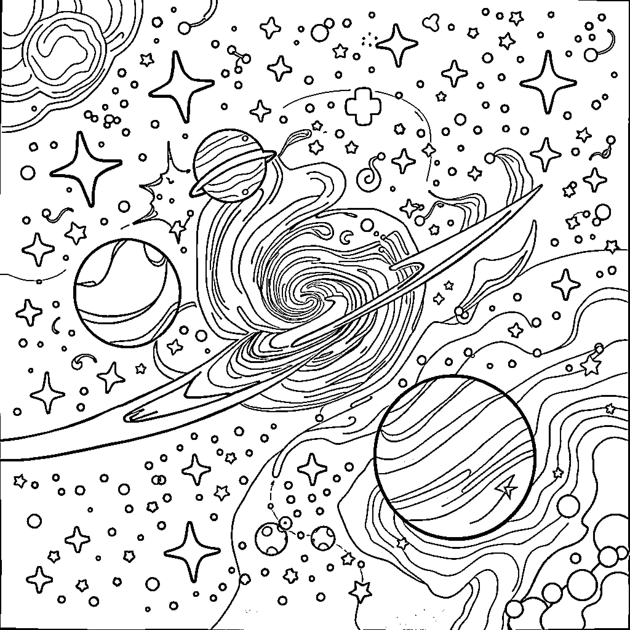 Galaxy of Swirling Celestial Bodies Coloring Page (free black-and-white line drawing printable PDF for all, from beginners to advanced learners, including children, teens, adults, and seniors)