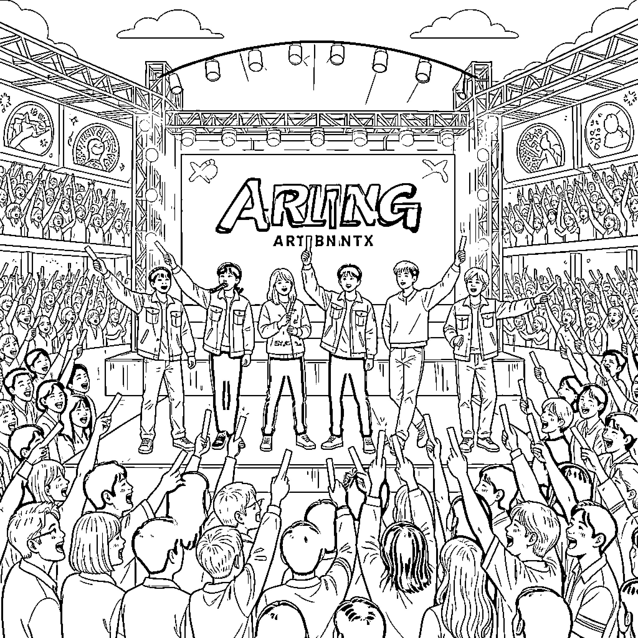 BTS performing on stage for a cheering crowd Coloring Page (free black-and-white line drawing printable PDF for all, from beginners to advanced learners, including children, teens, adults, and seniors)