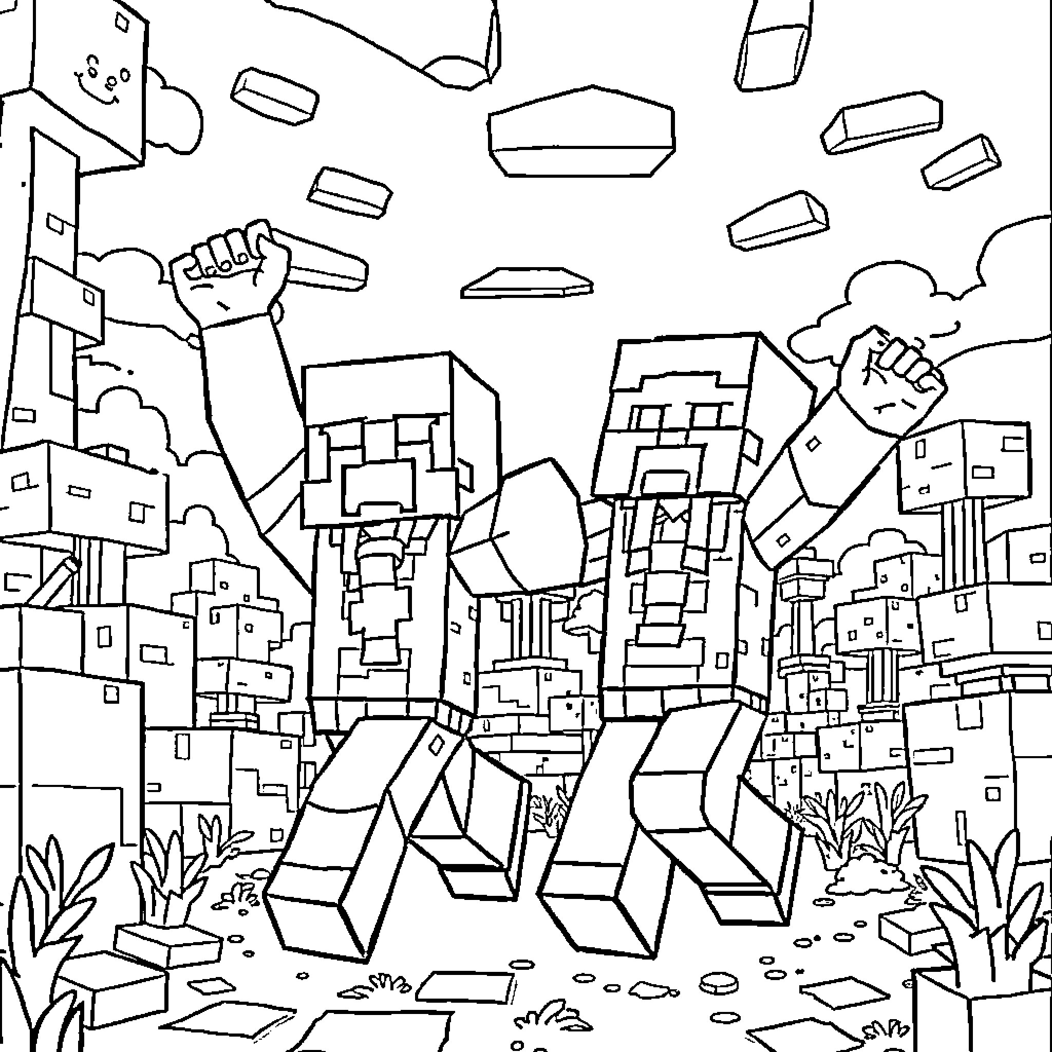 Minecraft character exploring a blocky landscape Coloring Page (free black-and-white line drawing printable PDF for all, from beginners to advanced learners, including children, teens, adults, and seniors)
