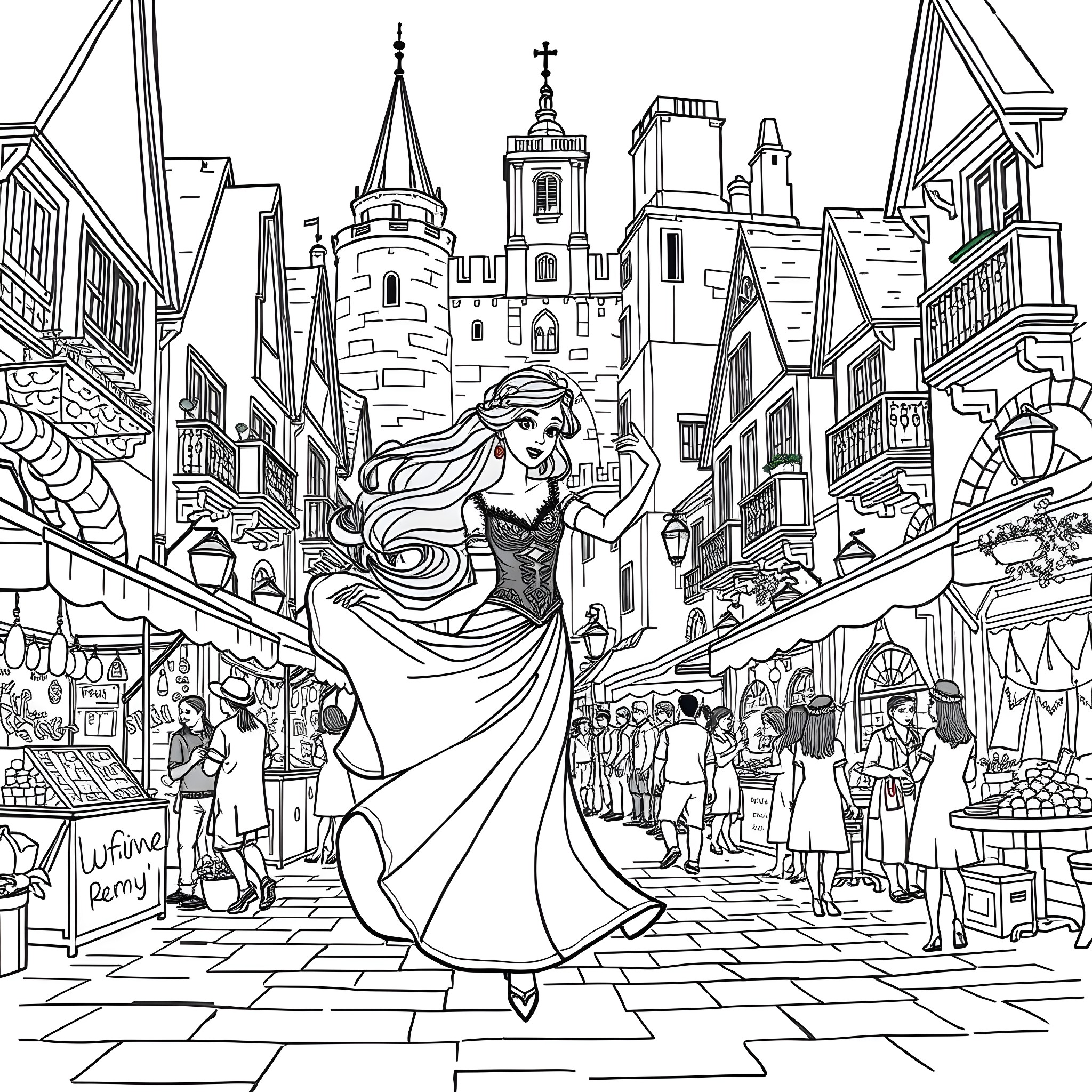 Esmeralda's Vibrant Adventure in the Bustling Medieval City Coloring Page (free black-and-white line drawing printable PDF for all, from beginners to advanced learners, including children, teens, adults, and seniors)