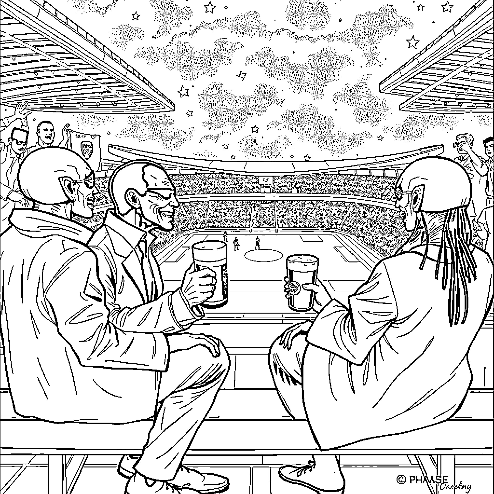 Neo Fans Cheering at the Big Game Coloring Page (free black-and-white line drawing printable PDF for all, from beginners to advanced learners, including children, teens, adults, and seniors)