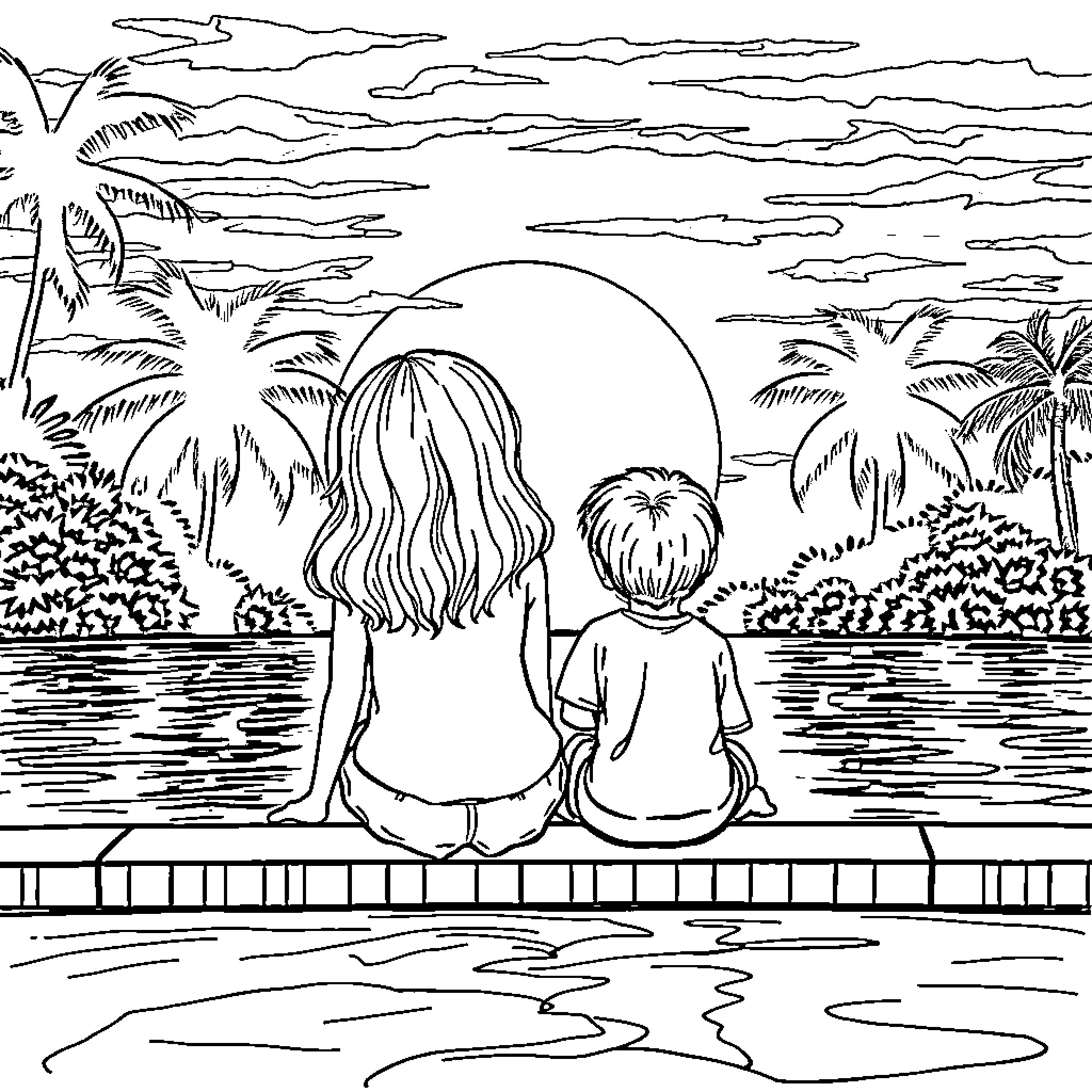 Girl and Boy Enjoying Sunset by the Ocean Coloring Page (free black-and-white line drawing printable PDF for all, from beginners to advanced learners, including children, teens, adults, and seniors)