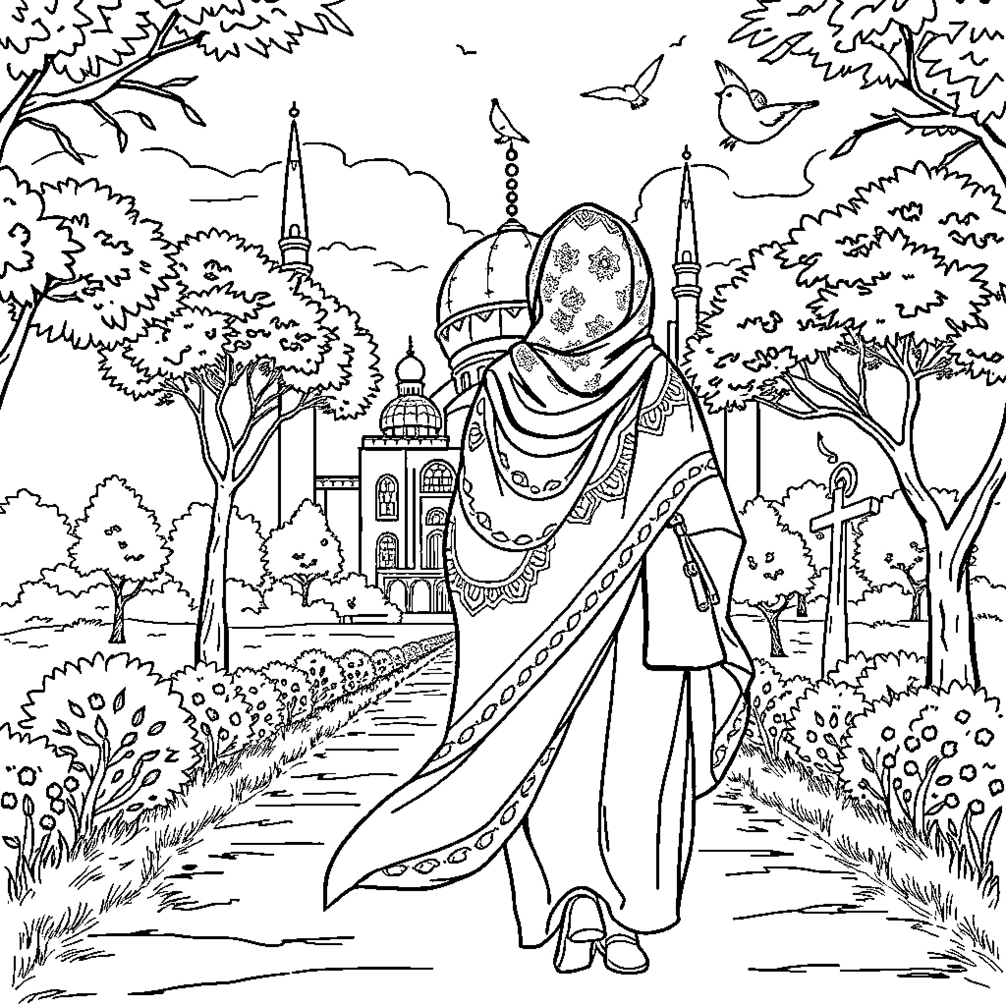 Woman walking along a garden path toward a domed building Coloring Page (free black-and-white line drawing printable PDF for all, from beginners to advanced learners, including children, teens, adults, and seniors)