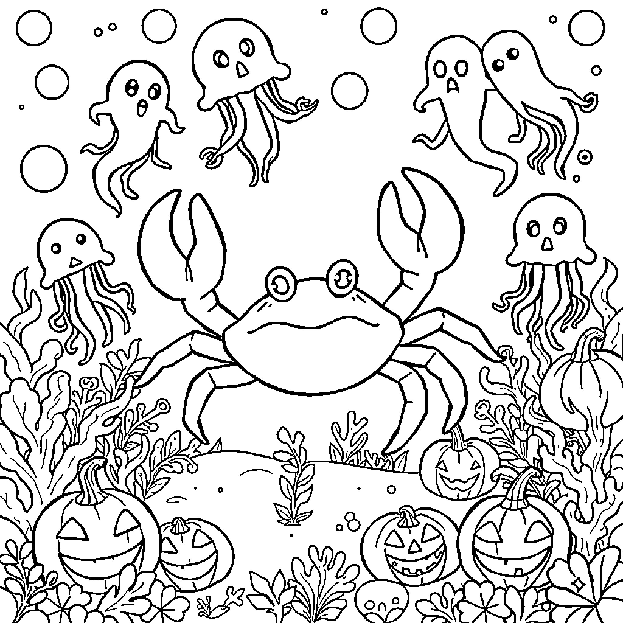 Crab and Jellyfish Underwater Halloween Party Coloring Page (free black-and-white line drawing printable PDF for all, from beginners to advanced learners, including children, teens, adults, and seniors)