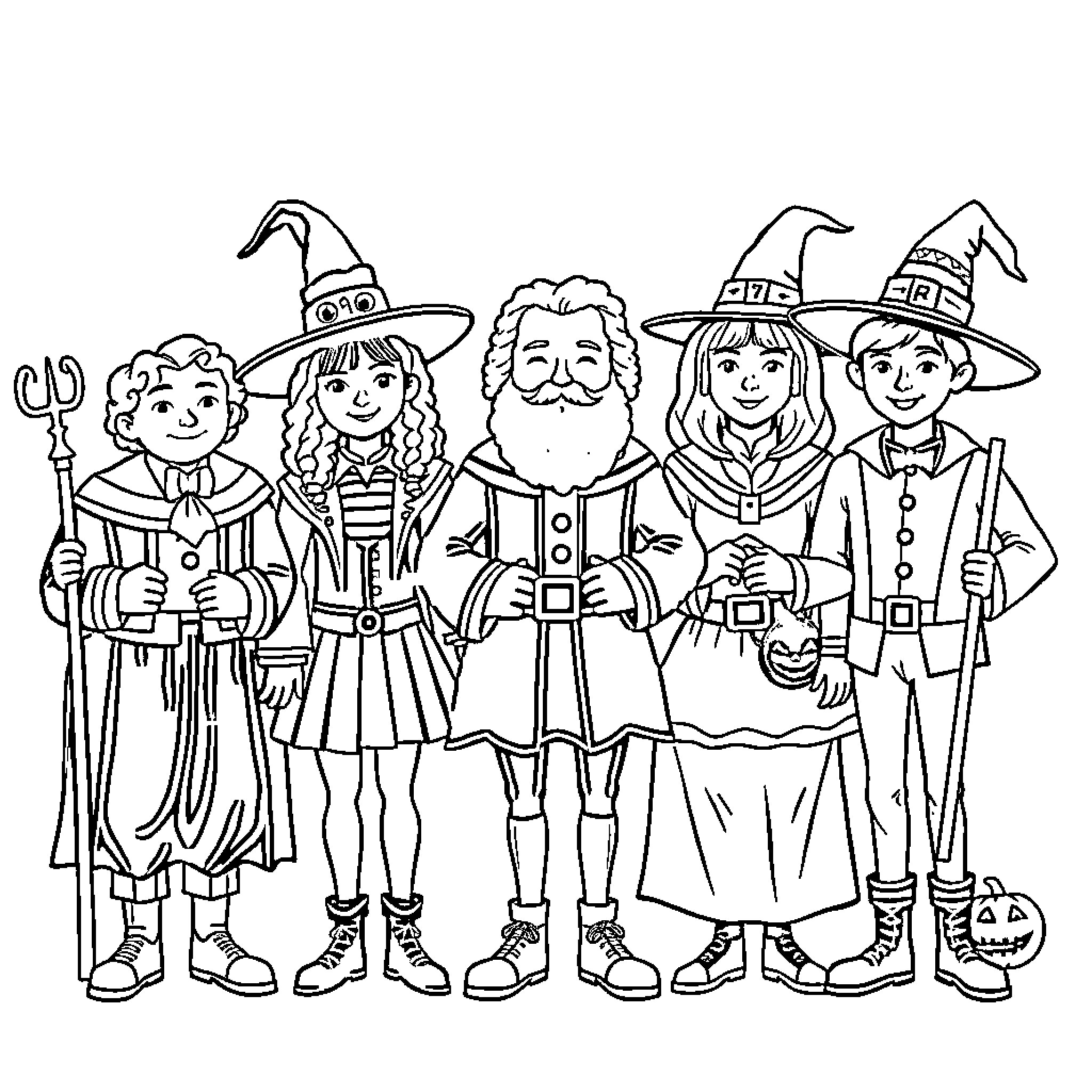 Historical Figure Witches and Wizards in Costume Coloring Page (free black-and-white line drawing printable PDF for all, from beginners to advanced learners, including children, teens, adults, and seniors)