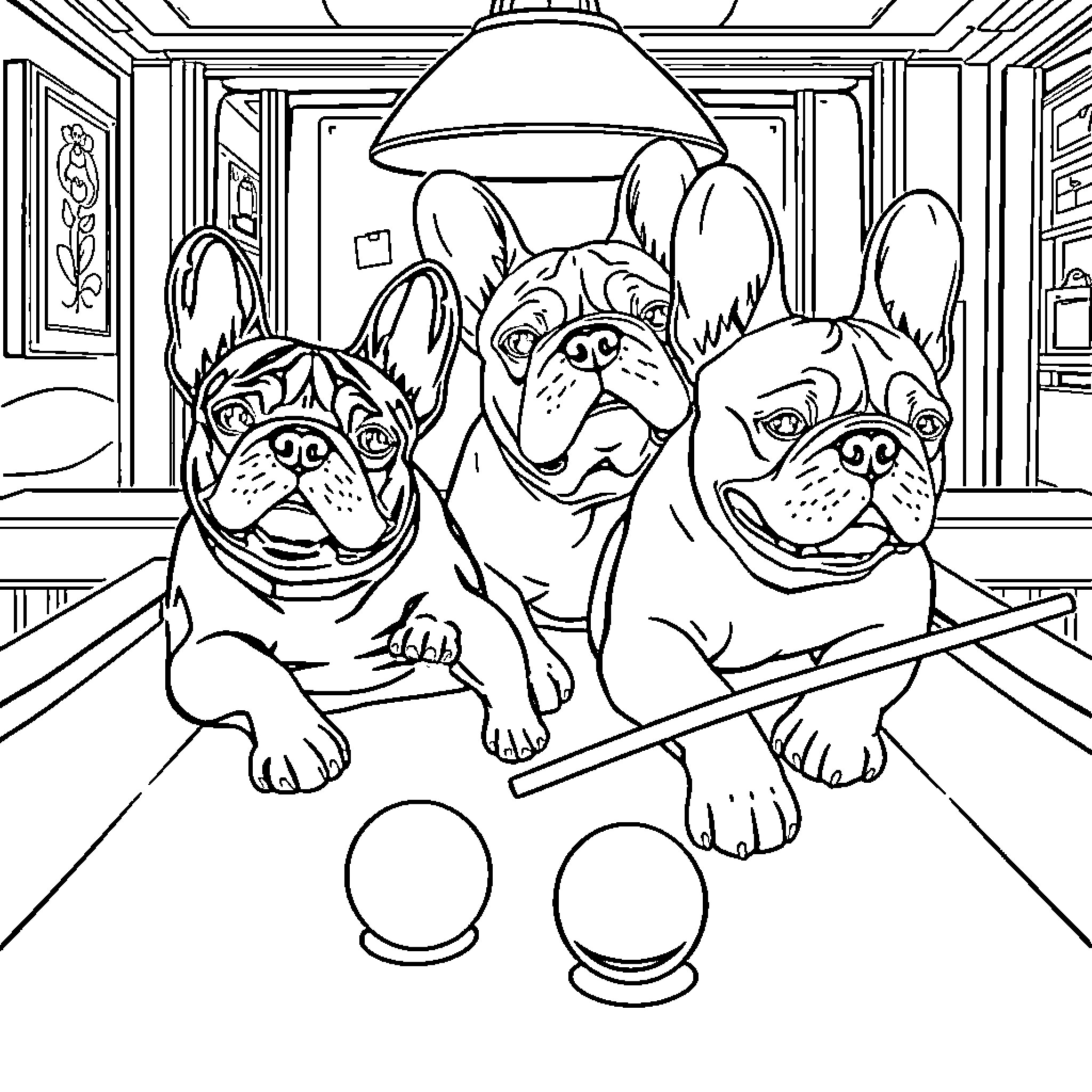 French Bulldogs Playing Pool in Elegant Room Coloring Page (free black-and-white line drawing printable PDF for all, from beginners to advanced learners, including children, teens, adults, and seniors)