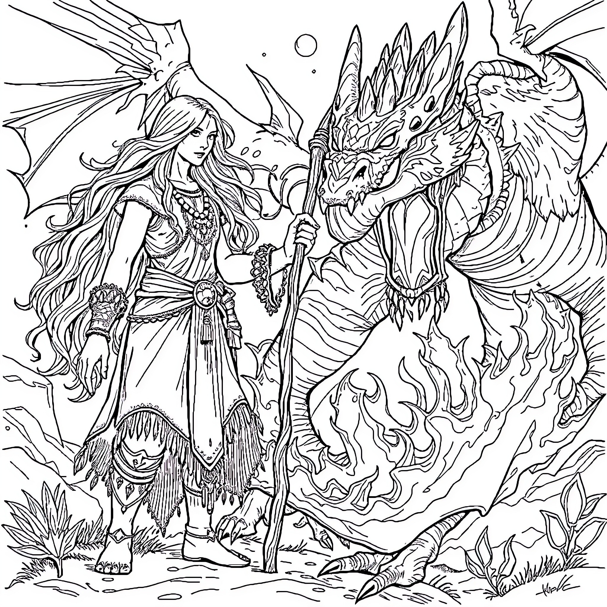 Healer communing with the dragon in a fantastical realm Coloring Page (free black-and-white line drawing printable PDF for all, from beginners to advanced learners, including children, teens, adults, and seniors)
