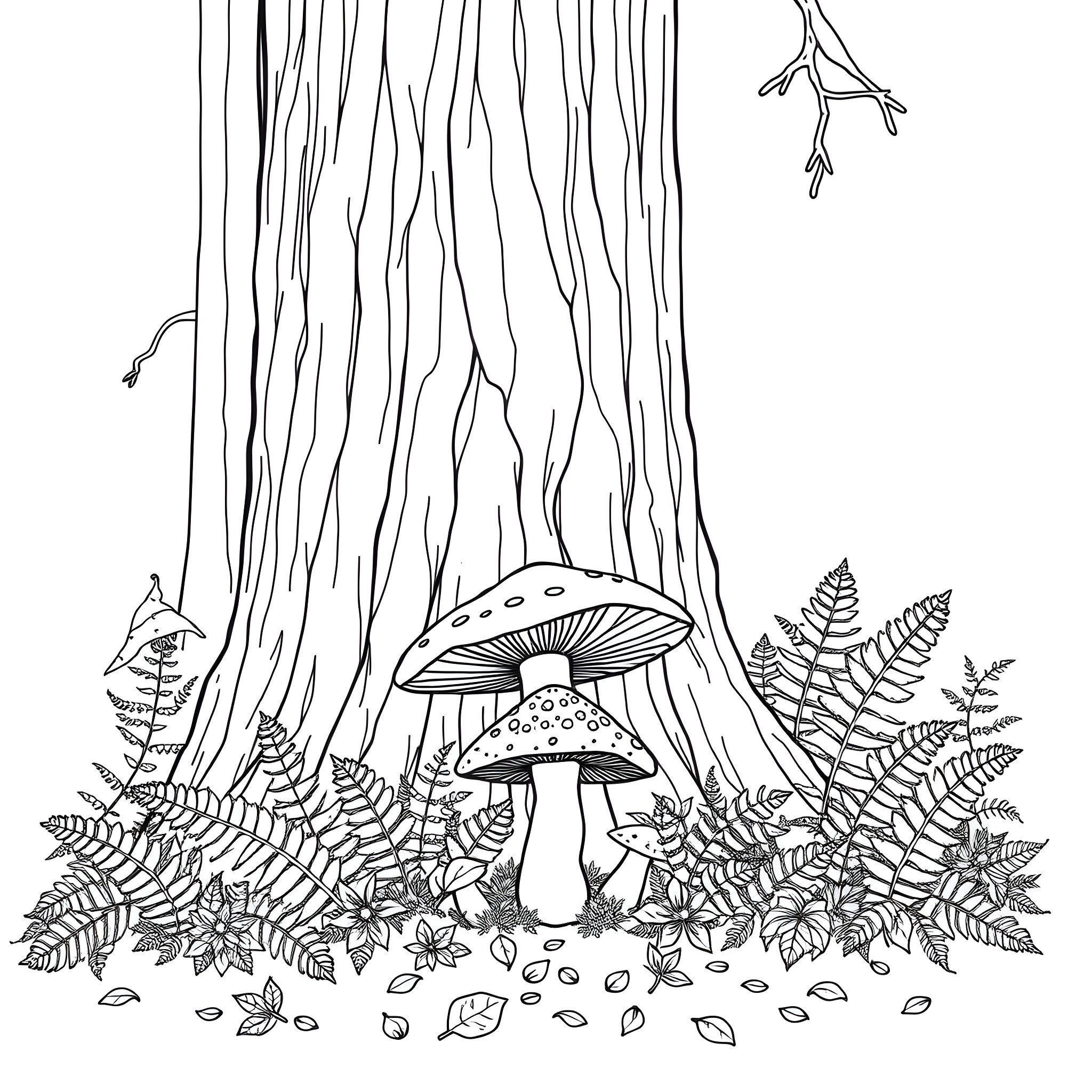 Mushroom forest with whimsical ferns and foliage Coloring Page (free black-and-white line drawing printable PDF for all, from beginners to advanced learners, including children, teens, adults, and seniors)