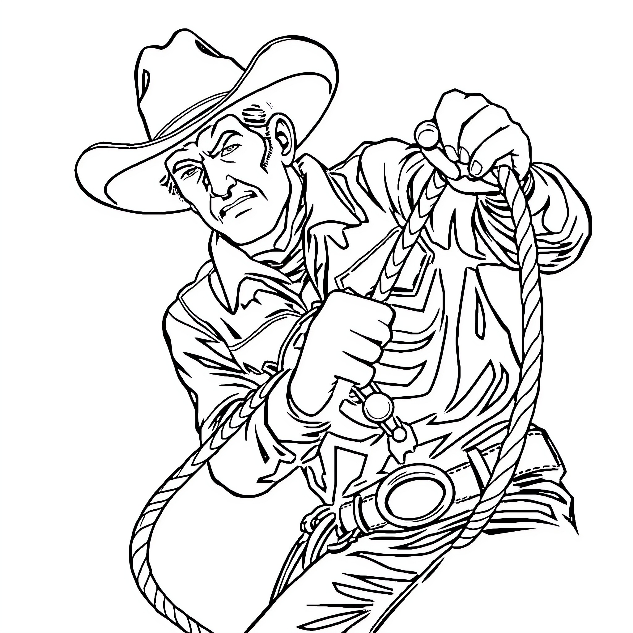 Cowboy Lassoing and Wrangling with Determination Coloring Page (free black-and-white line drawing printable PDF for all, from beginners to advanced learners, including children, teens, adults, and seniors)