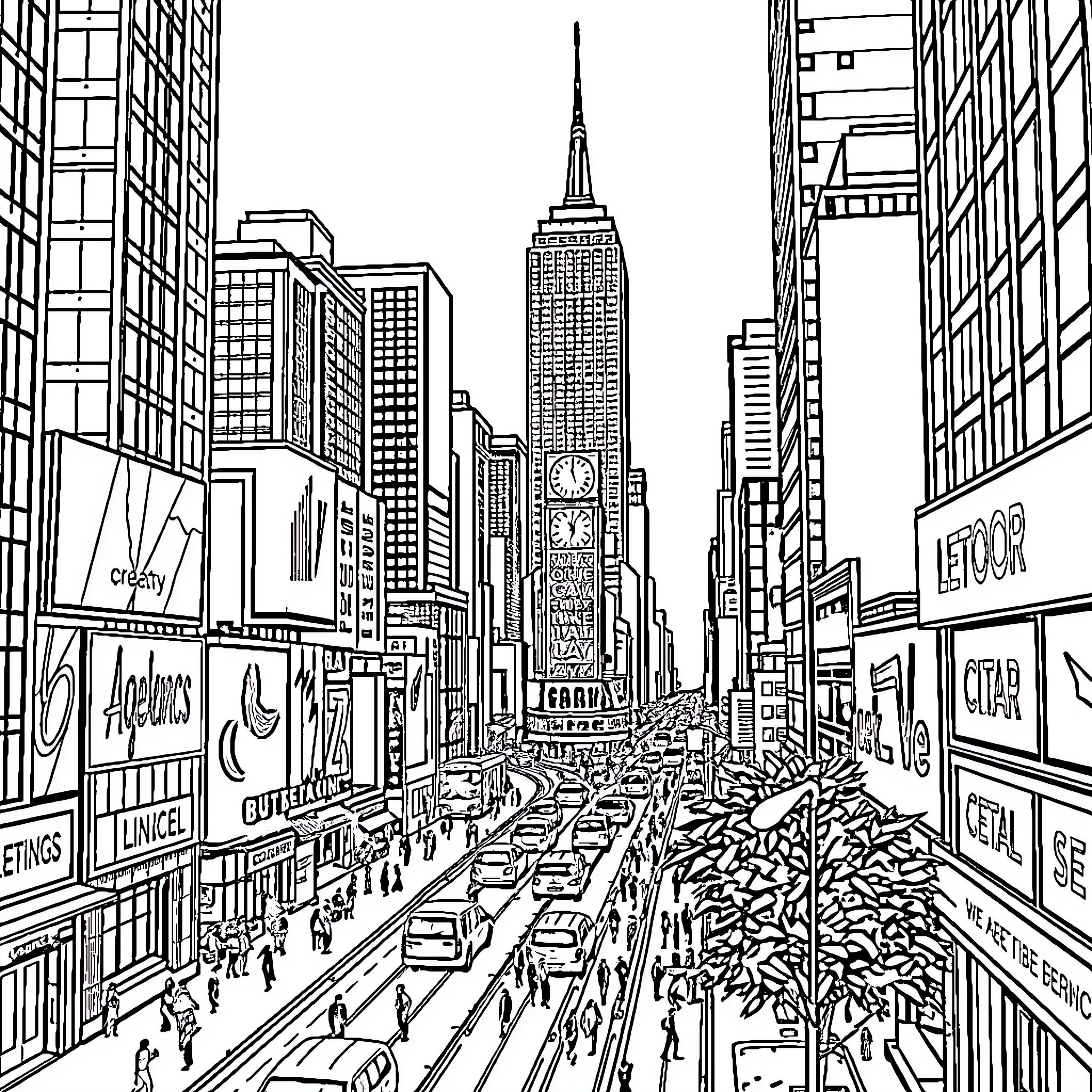 City scene with bustling street and iconic skyscrapers Coloring Page (free black-and-white line drawing printable PDF for all, from beginners to advanced learners, including children, teens, adults, and seniors)