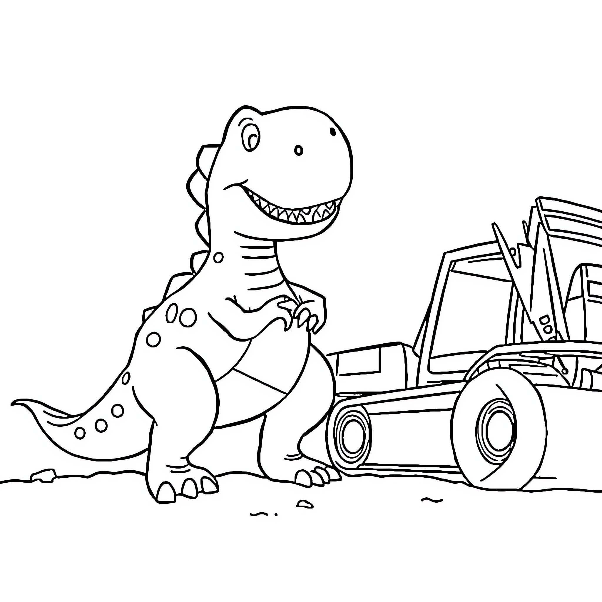 Dinosaur playing with construction vehicles Coloring Page (free black-and-white line drawing printable PDF for all, from beginners to advanced learners, including children, teens, adults, and seniors)