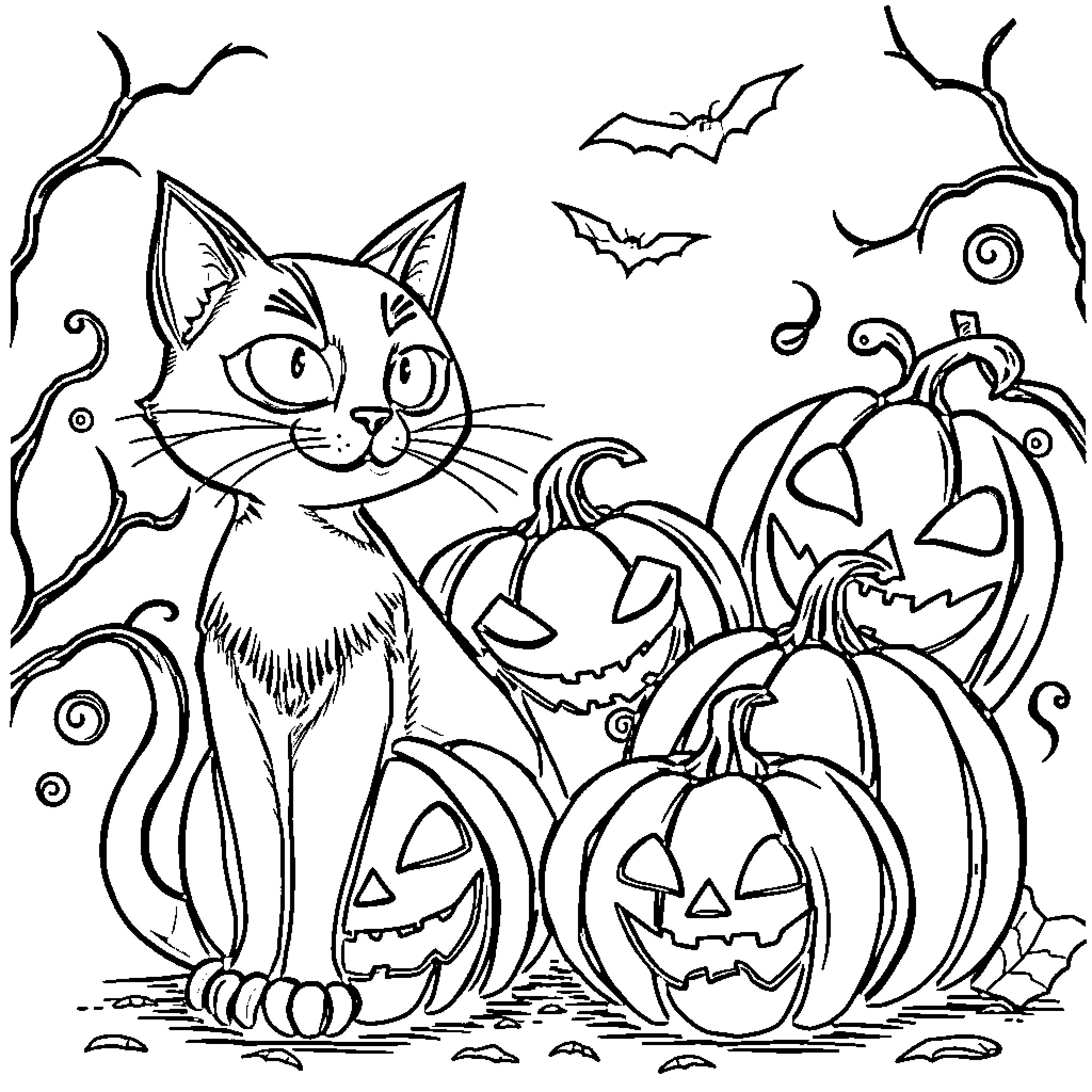 Cat enjoying Halloween with spooky pumpkins and bats Coloring Page (free black-and-white line drawing printable PDF for all, from beginners to advanced learners, including children, teens, adults, and seniors)