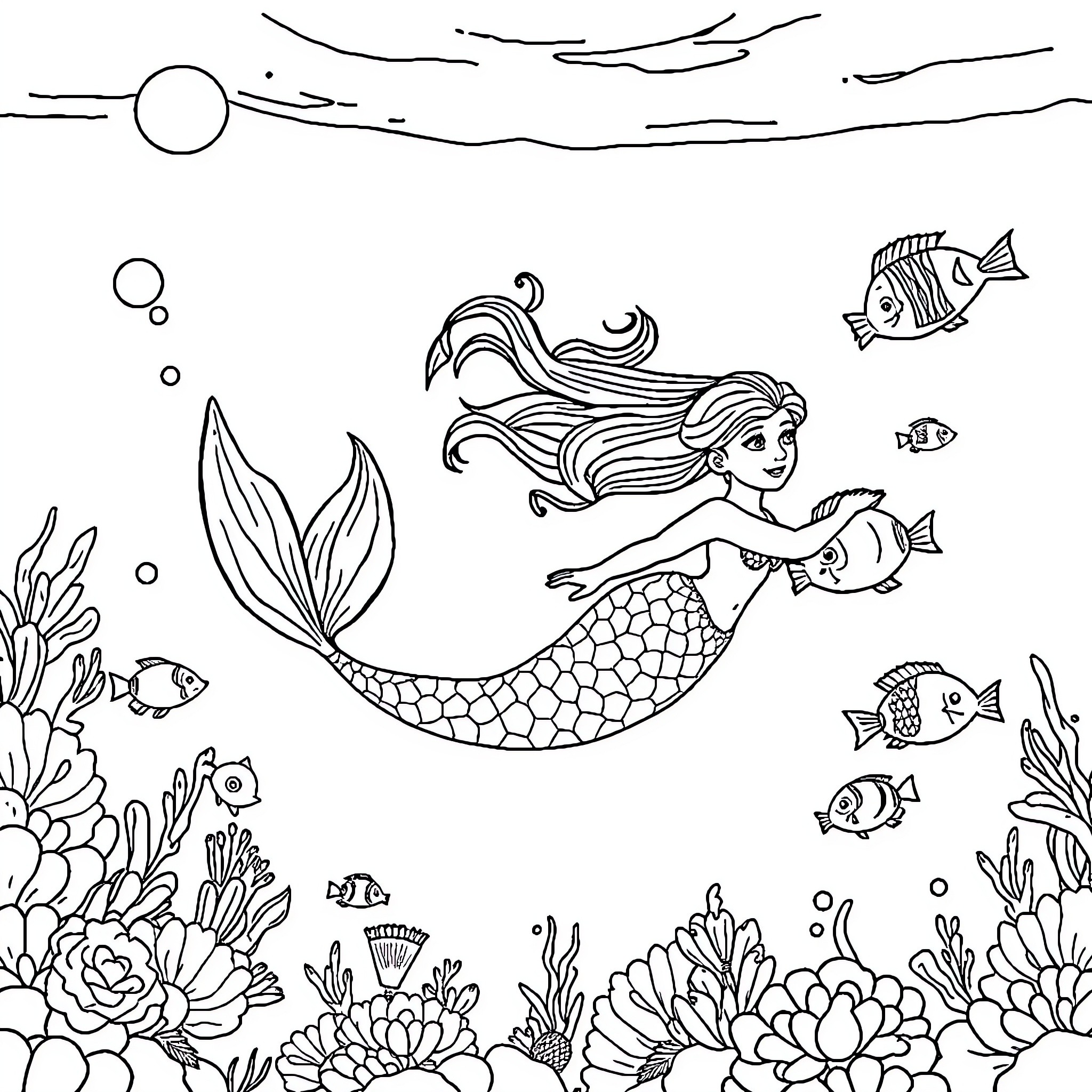 Mermaid swimming joyfully with sea creatures Coloring Page (free black-and-white line drawing printable PDF for all, from beginners to advanced learners, including children, teens, adults, and seniors)