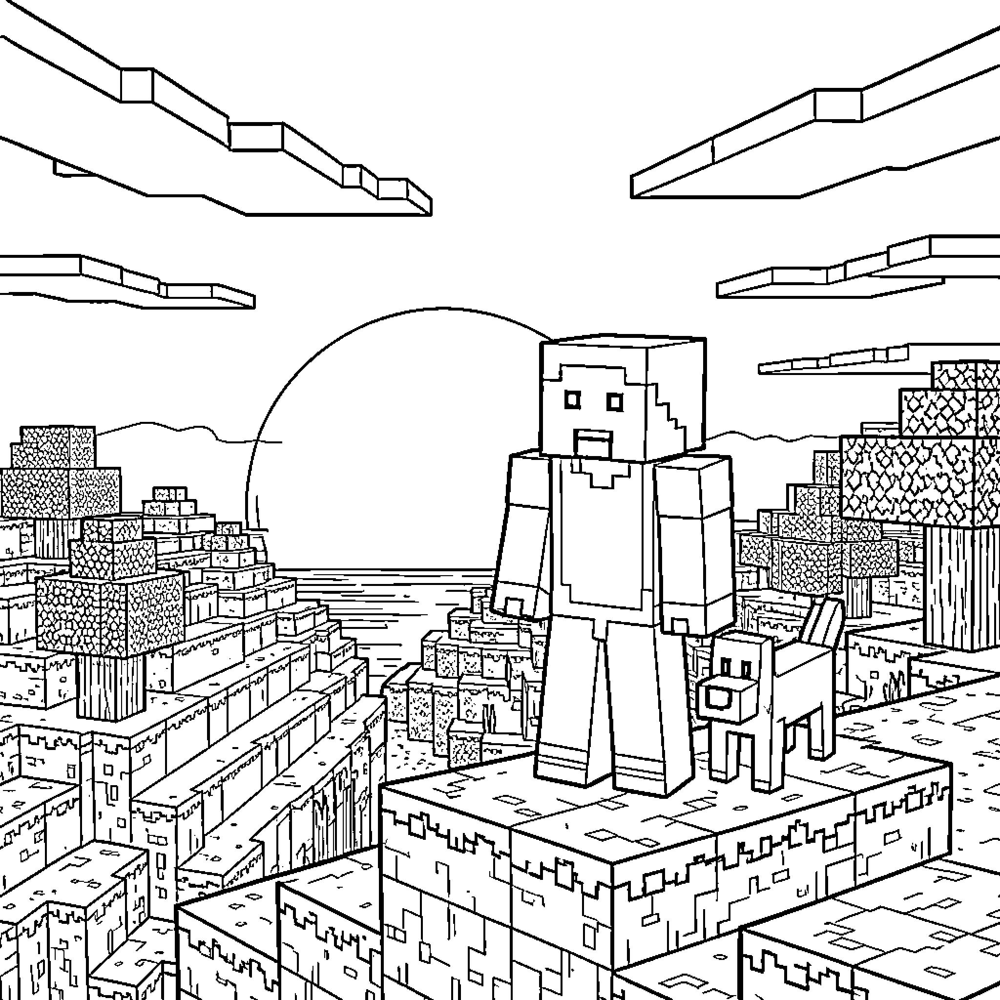 Steve standing with his dog at sunset Coloring Page (free black-and-white line drawing printable PDF for all, from beginners to advanced learners, including children, teens, adults, and seniors)