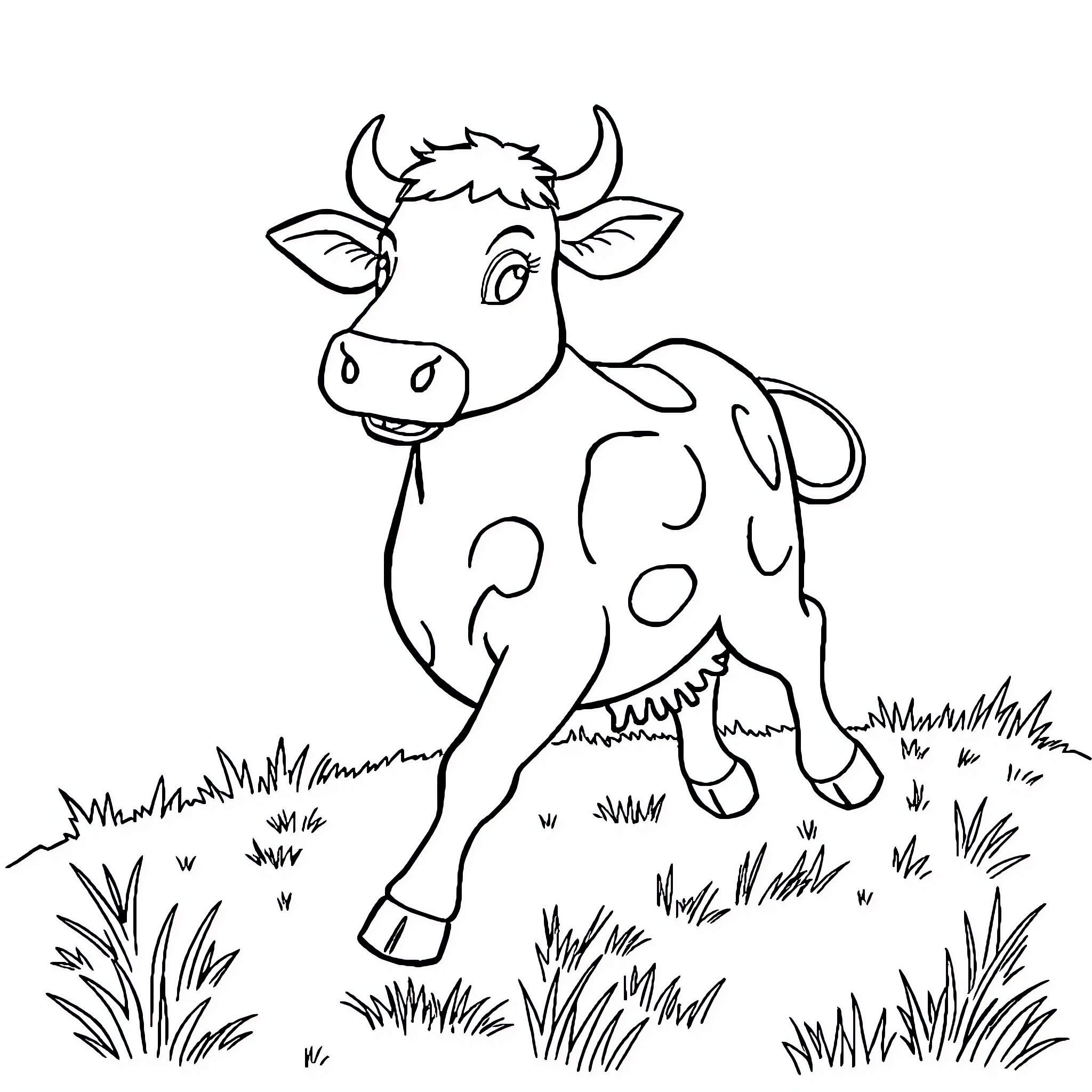 Dancing Cow Playfully Prancing on Grassy Field Coloring Page (free black-and-white line drawing printable PDF for all, from beginners to advanced learners, including children, teens, adults, and seniors)