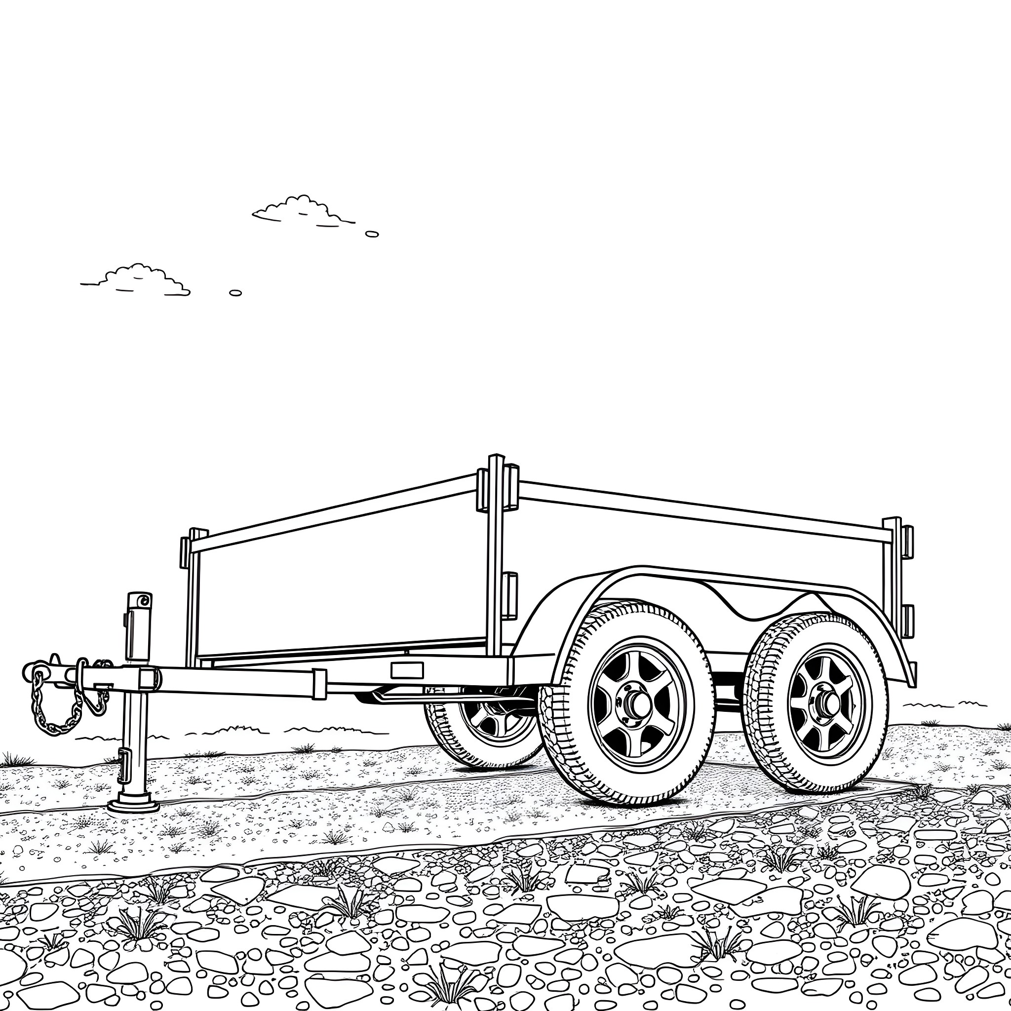 Car Trailer on grassy road in countryside Coloring Page (free black-and-white line drawing printable PDF for all, from beginners to advanced learners, including children, teens, adults, and seniors)