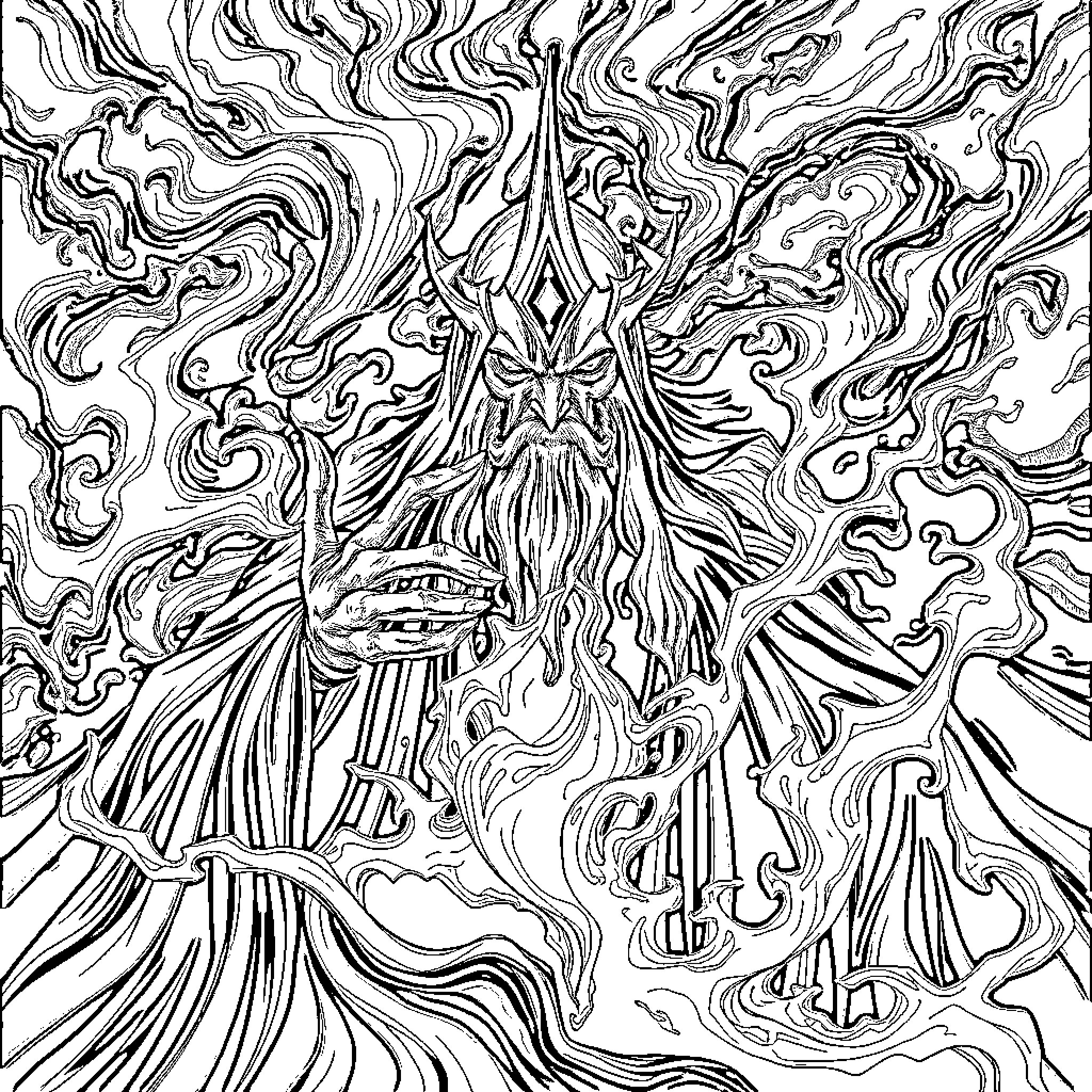 Sauron's Terrifying Visage Emerges from Swirling Darkness Coloring Page (free black-and-white line drawing printable PDF for all, from beginners to advanced learners, including children, teens, adults, and seniors)