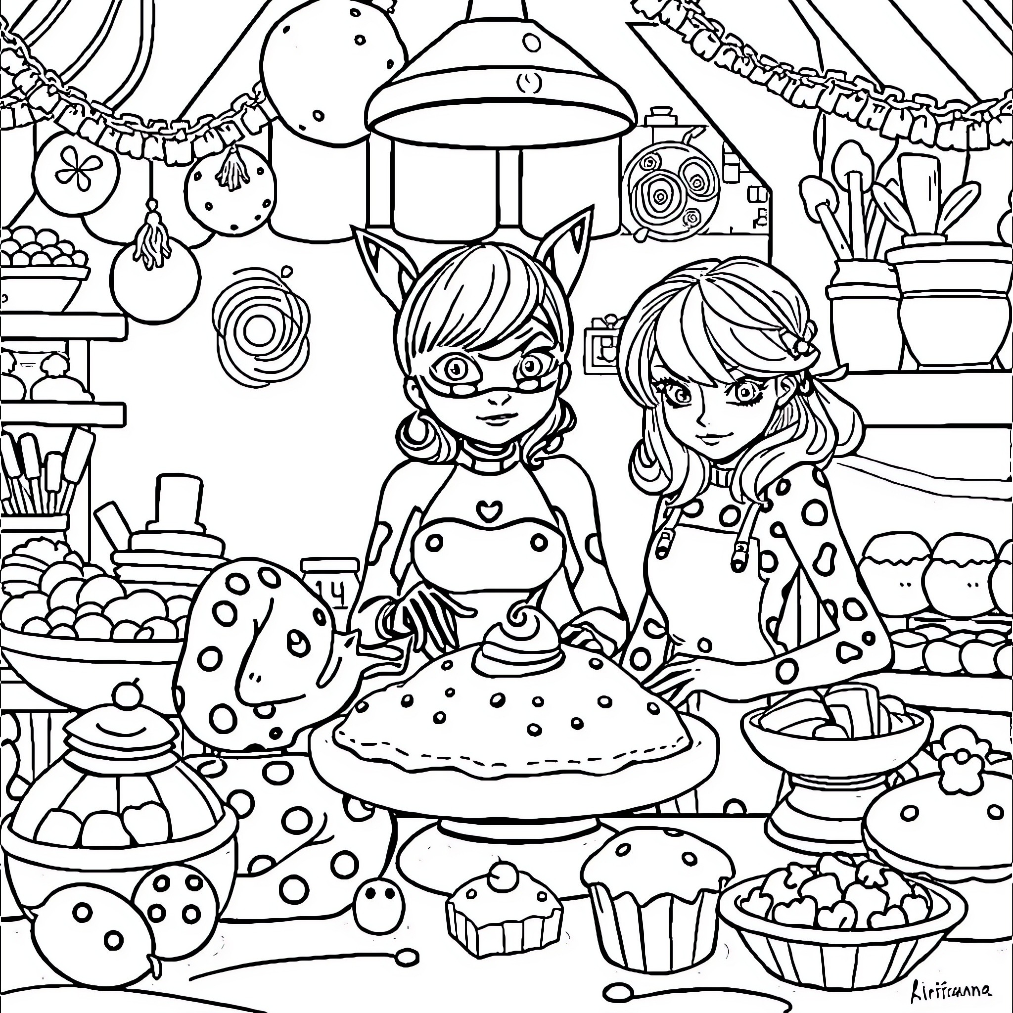 Miraculous Baking Adventure of Whimsical Characters Coloring Page (free black-and-white line drawing printable PDF for all, from beginners to advanced learners, including children, teens, adults, and seniors)