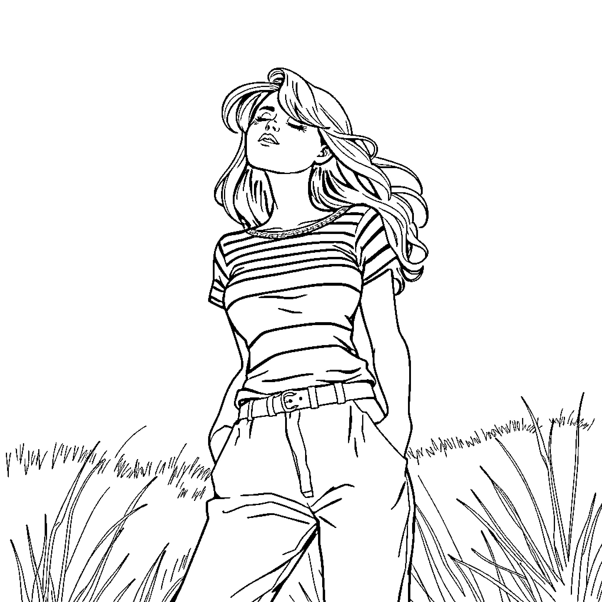 Chica posing confidently in striped outfit Coloring Page (free black-and-white line drawing printable PDF for all, from beginners to advanced learners, including children, teens, adults, and seniors)