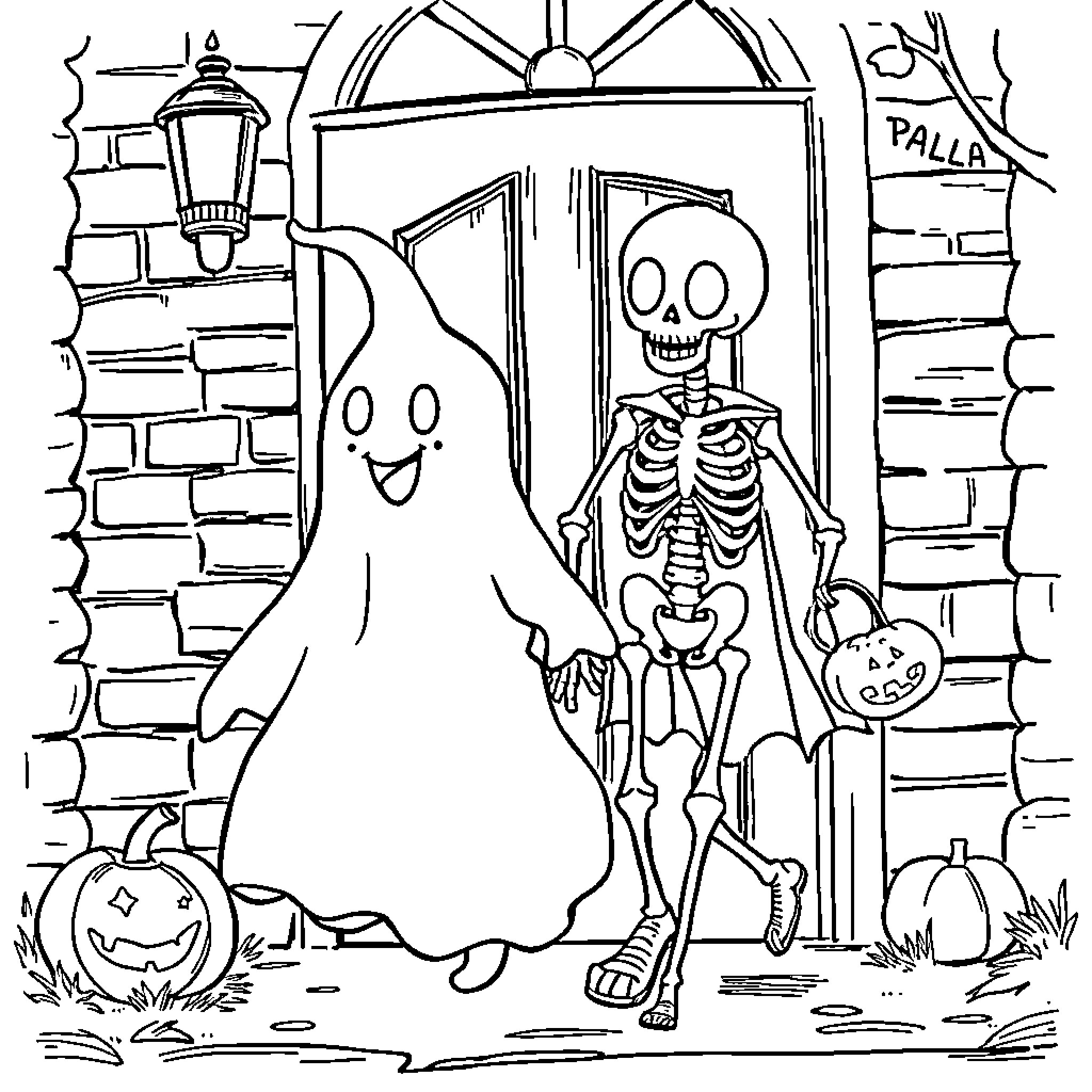 Ghost and skeleton trick-or-treating on Halloween Coloring Page (free black-and-white line drawing printable PDF for all, from beginners to advanced learners, including children, teens, adults, and seniors)