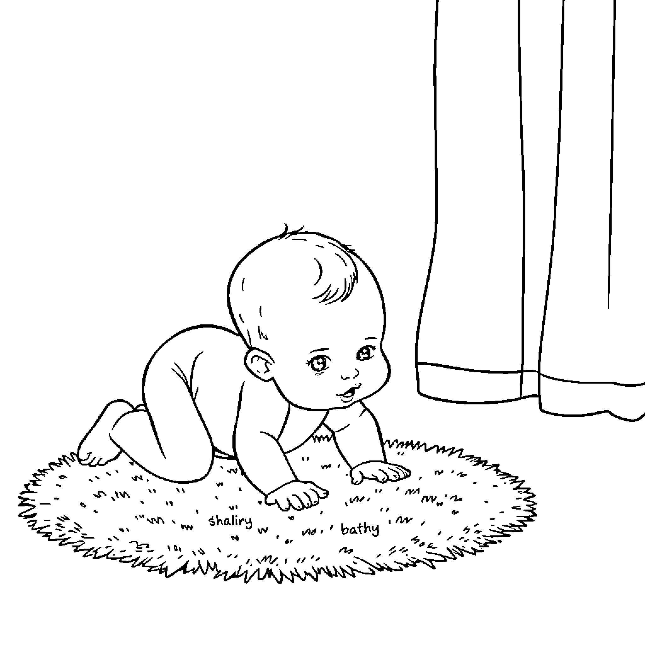 Baby crawling happily on the grass Coloring Page (free black-and-white line drawing printable PDF for all, from beginners to advanced learners, including children, teens, adults, and seniors)
