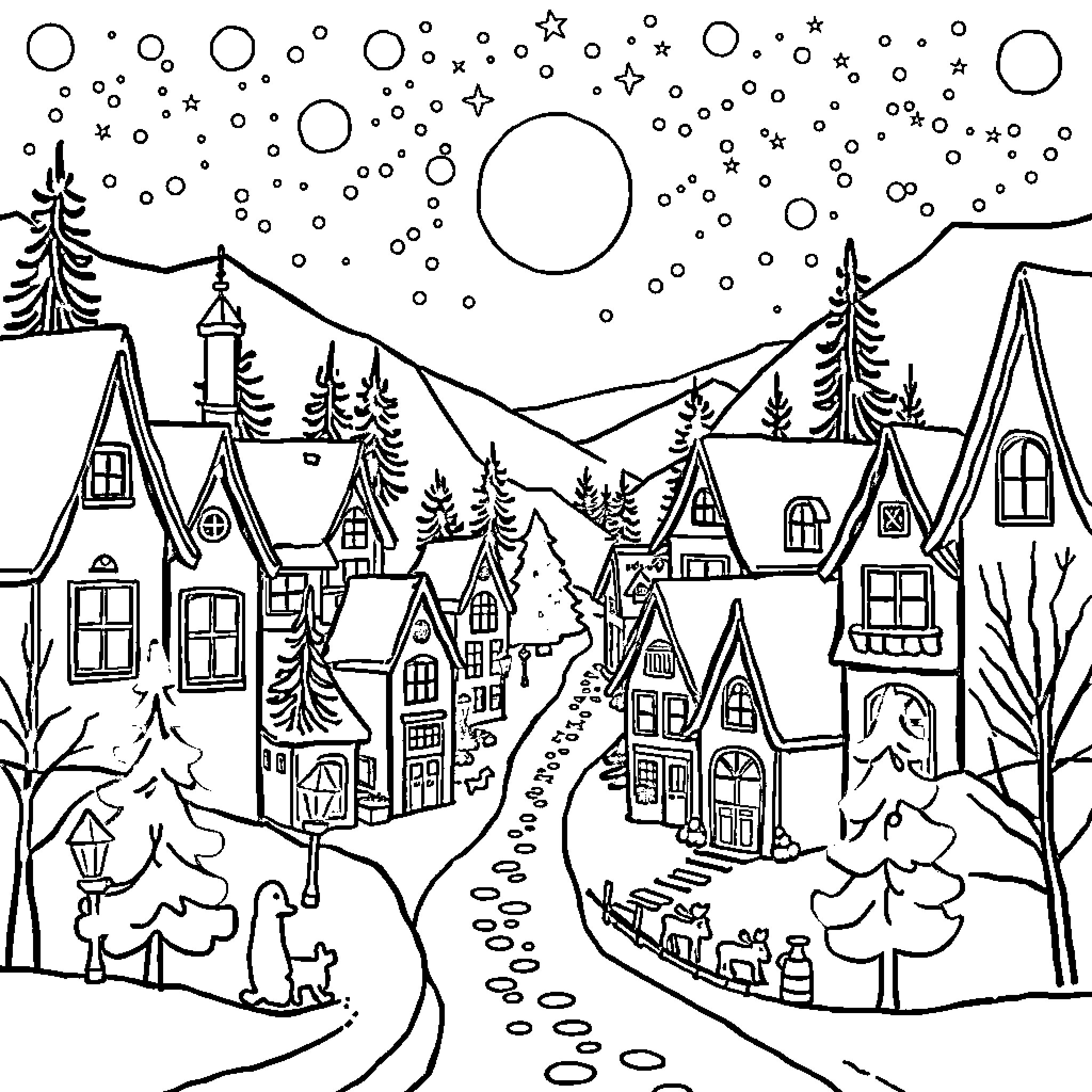 Christmas Village with Cozy Cottages and Snowy Landscape Coloring Page (free black-and-white line drawing printable PDF for all, from beginners to advanced learners, including children, teens, adults, and seniors)