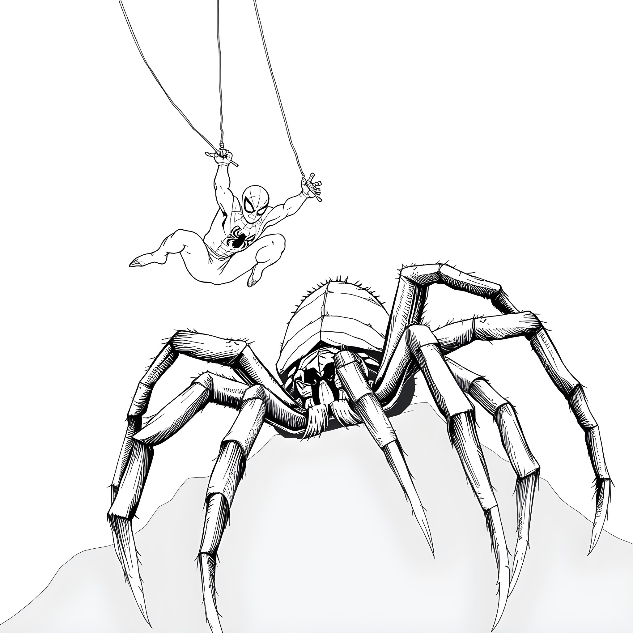 Spiderman swinging above a massive spider Coloring Page (free black-and-white line drawing printable PDF for all, from beginners to advanced learners, including children, teens, adults, and seniors)