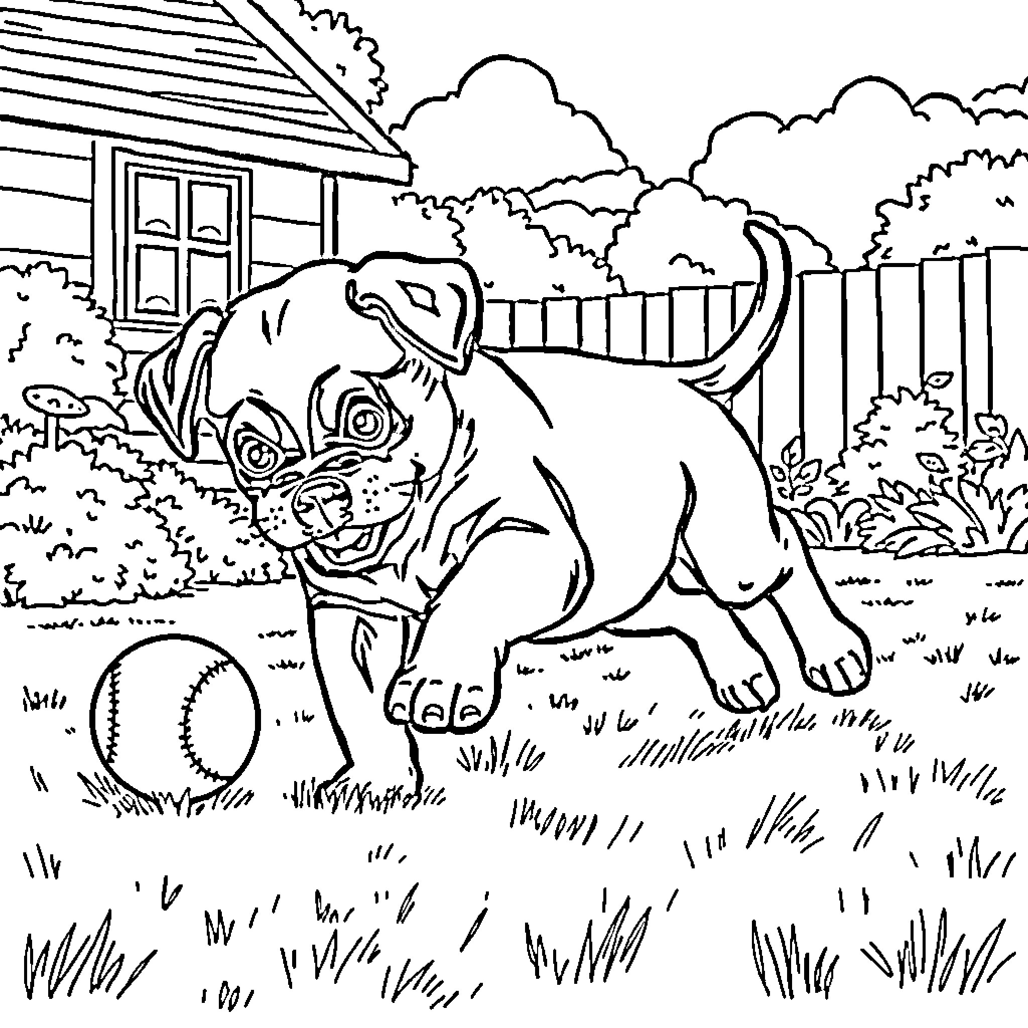 Rottweiler playing with ball in backyard Coloring Page (free black-and-white line drawing printable PDF for all, from beginners to advanced learners, including children, teens, adults, and seniors)