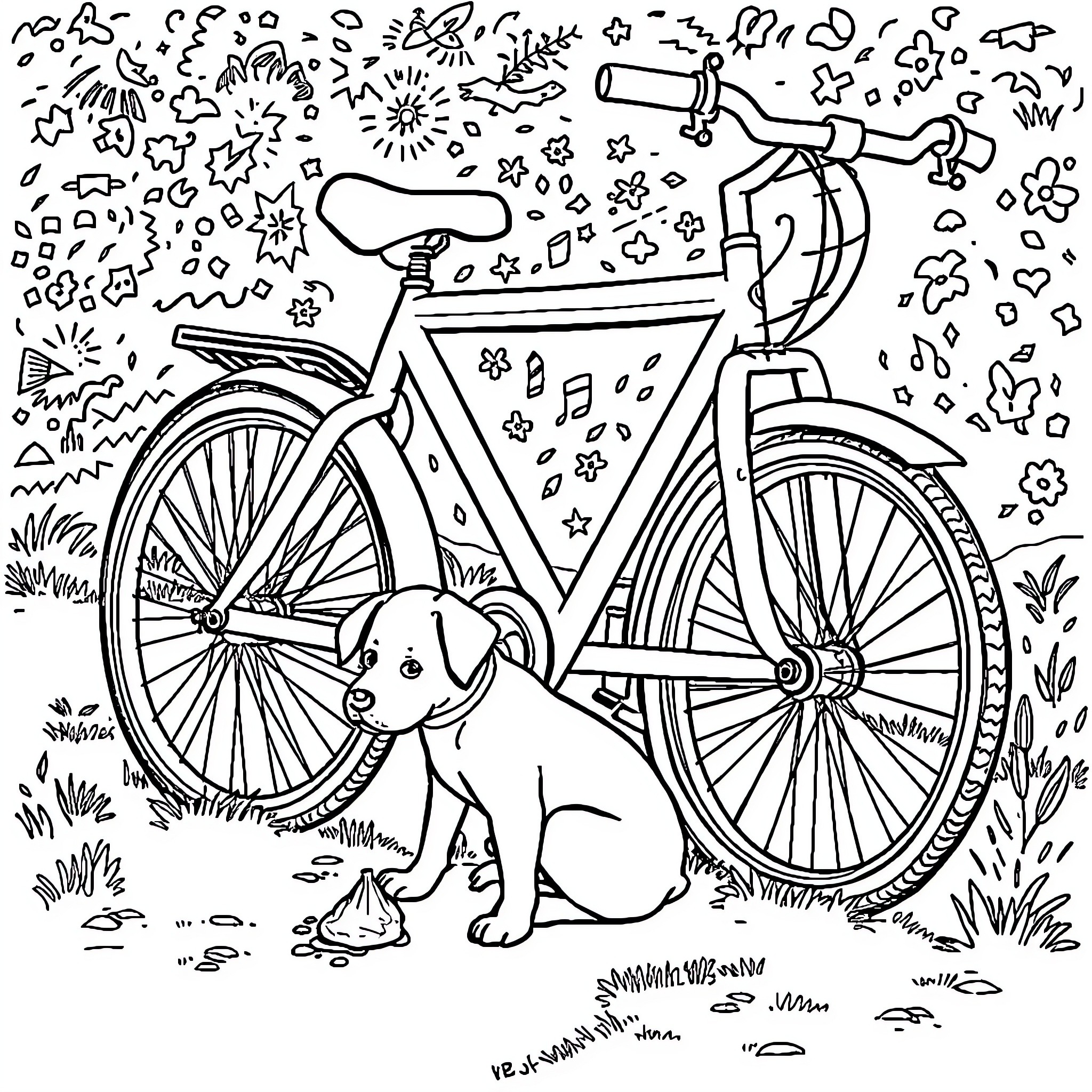 Dog enjoying a bicycle ride in the park Coloring Page (free black-and-white line drawing printable PDF for all, from beginners to advanced learners, including children, teens, adults, and seniors)
