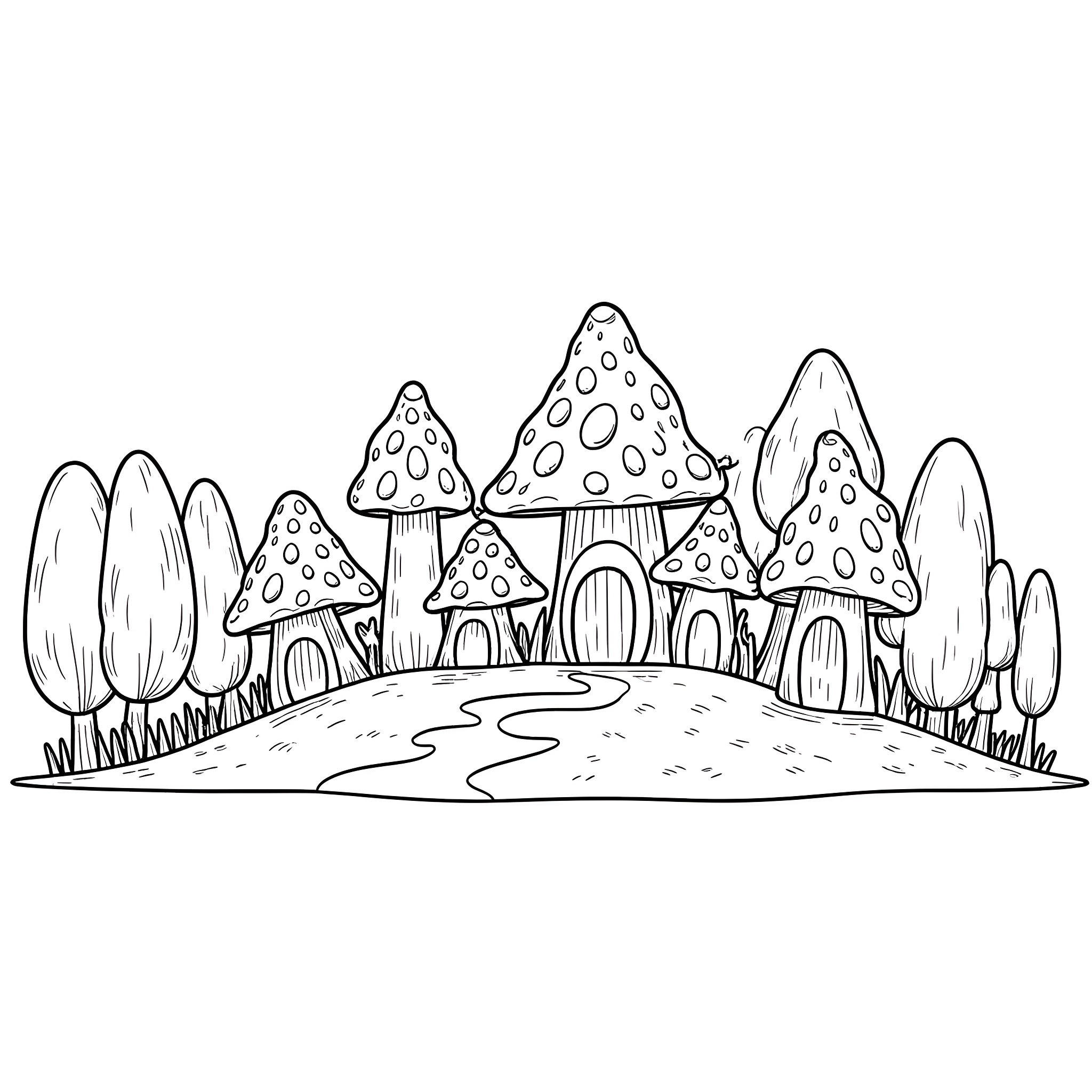 Mushroom houses in the magical forest Coloring Page (free black-and-white line drawing printable PDF for all, from beginners to advanced learners, including children, teens, adults, and seniors)