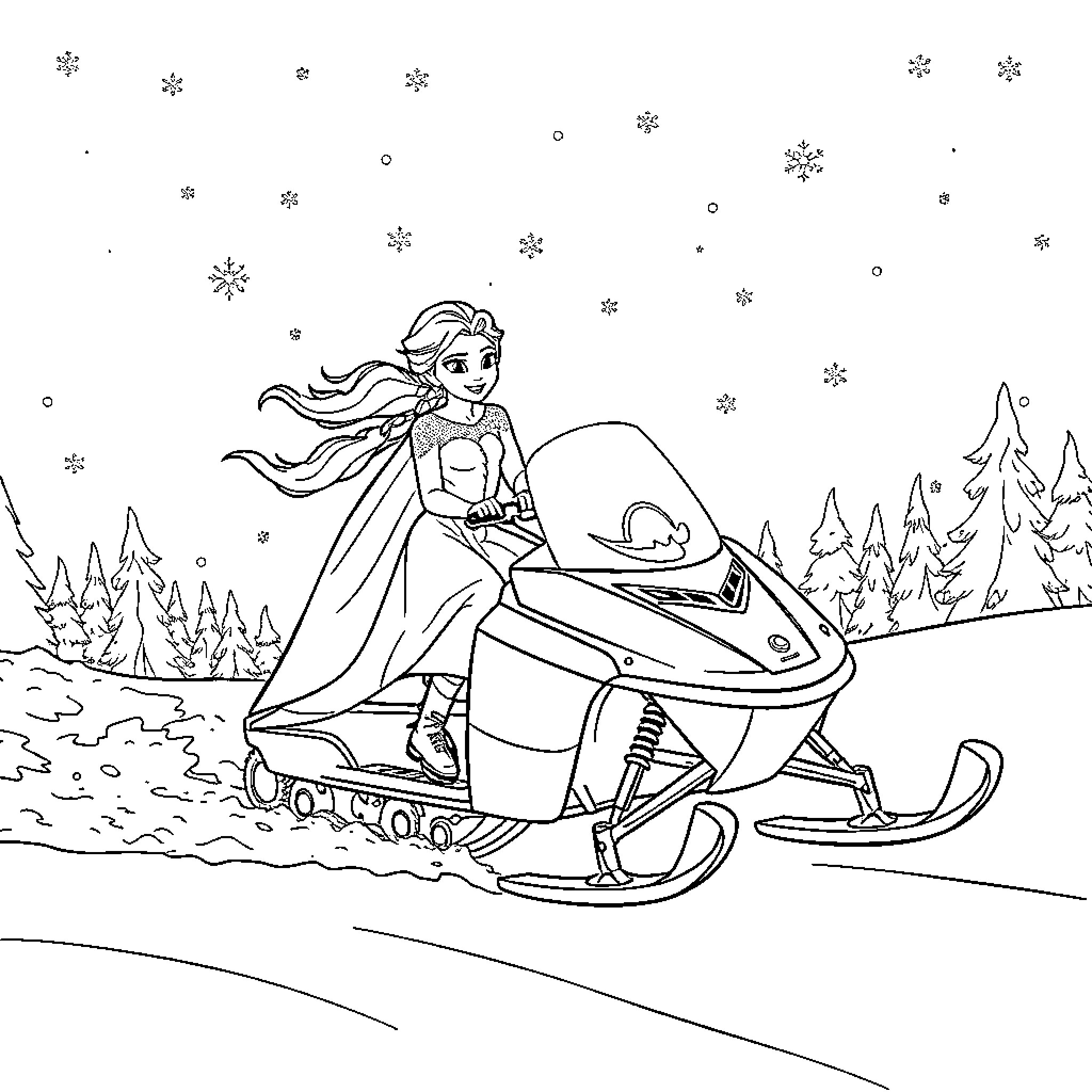 Elsa riding a snowmobile in a snowy landscape Coloring Page (free black-and-white line drawing printable PDF for all, from beginners to advanced learners, including children, teens, adults, and seniors)