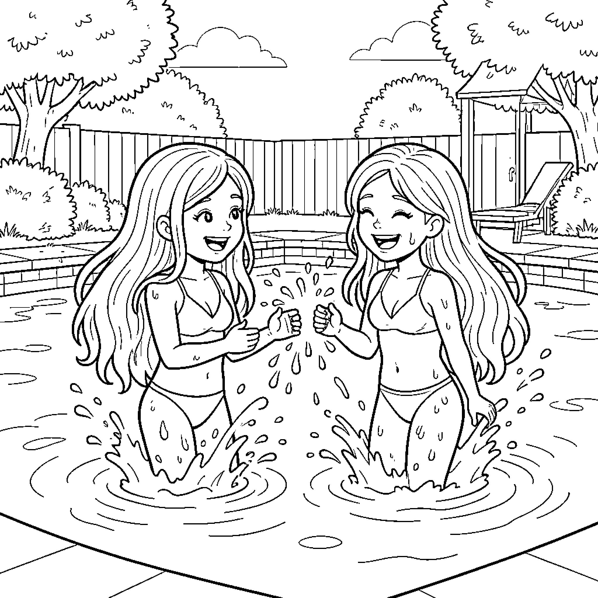 Fille playing and splashing water in a swimming pool Coloring Page (free black-and-white line drawing printable PDF for all, from beginners to advanced learners, including children, teens, adults, and seniors)
