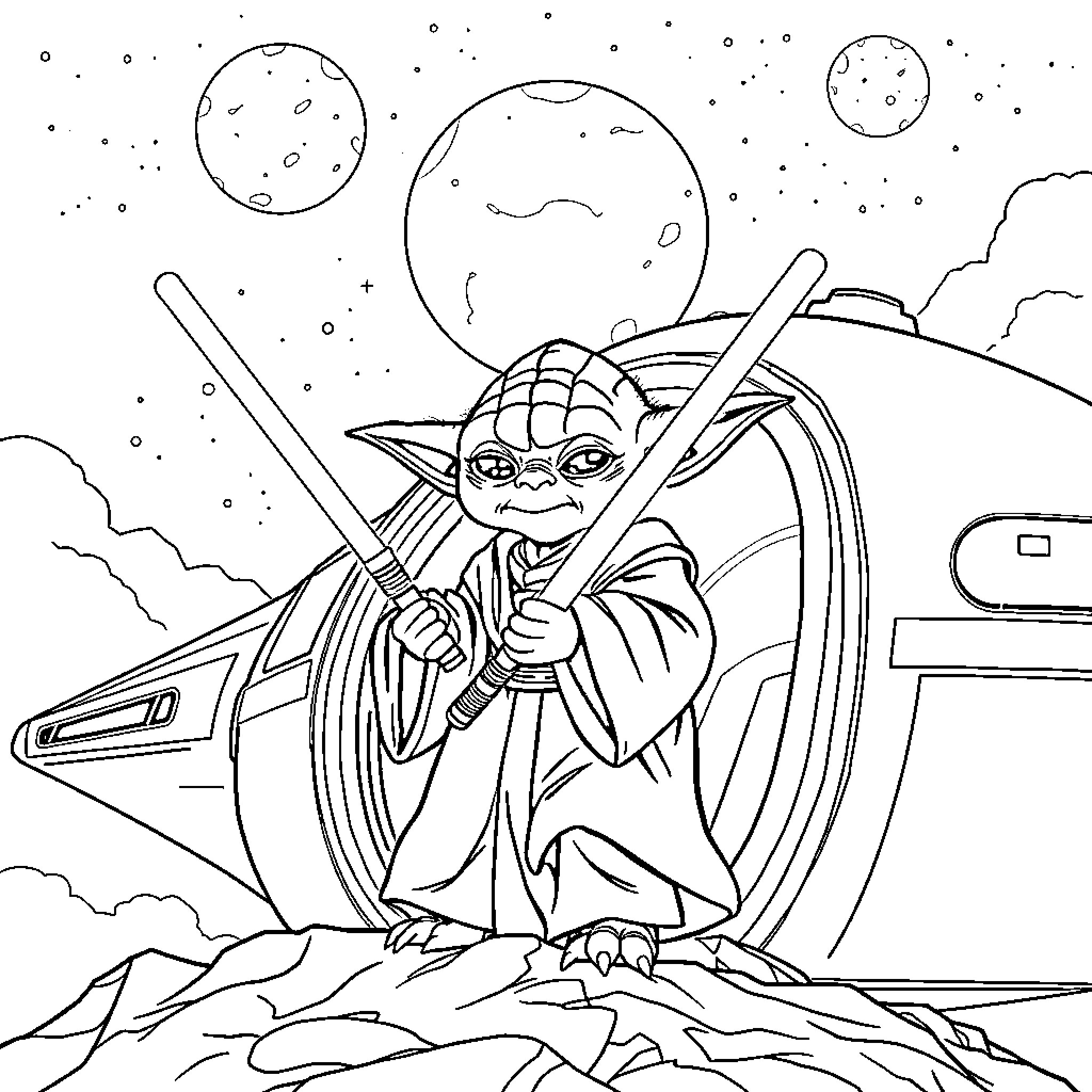 Yoda wields lightsaber in outer space landscape Coloring Page (free black-and-white line drawing printable PDF for all, from beginners to advanced learners, including children, teens, adults, and seniors)