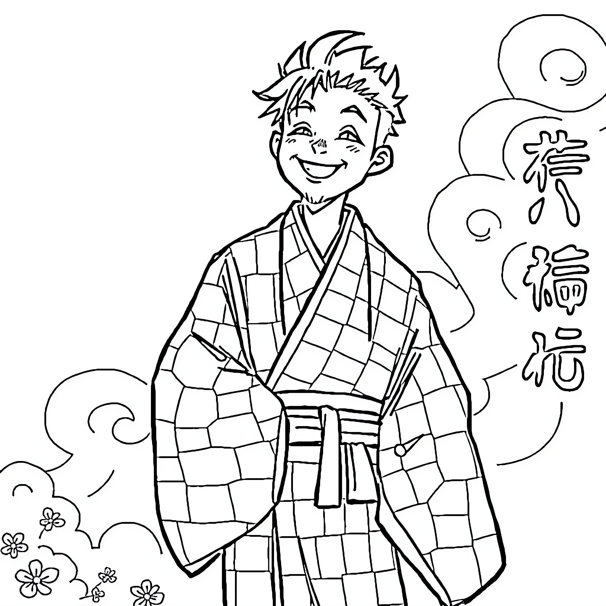 Tanjiro in traditional Japanese attire smiling cheerfully Coloring Page (free black-and-white line drawing printable PDF for all, from beginners to advanced learners, including children, teens, adults, and seniors)