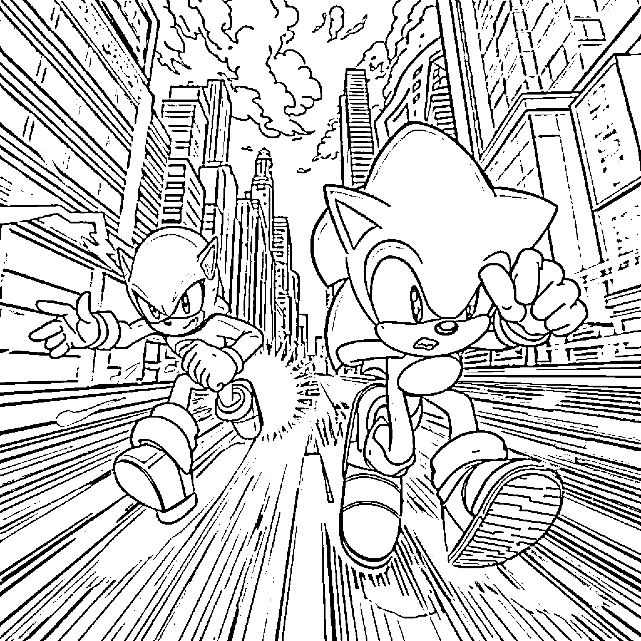 Sonic and Friends Racing Through the City Coloring Page (free black-and-white line drawing printable PDF for all, from beginners to advanced learners, including children, teens, adults, and seniors)