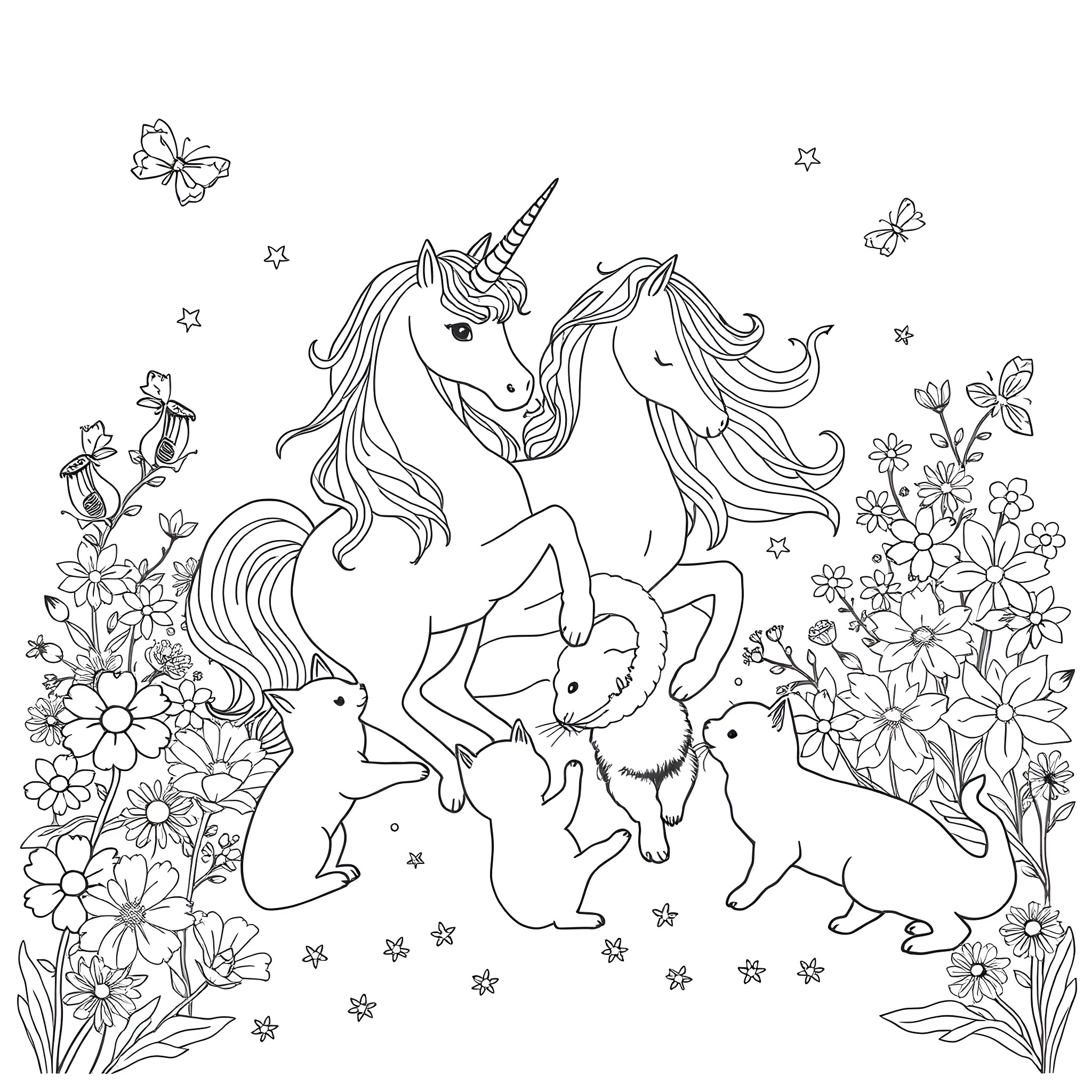 Magical Unicorns and Rabbits in Flower Garden Coloring Page (free black-and-white line drawing printable PDF for all, from beginners to advanced learners, including children, teens, adults, and seniors)