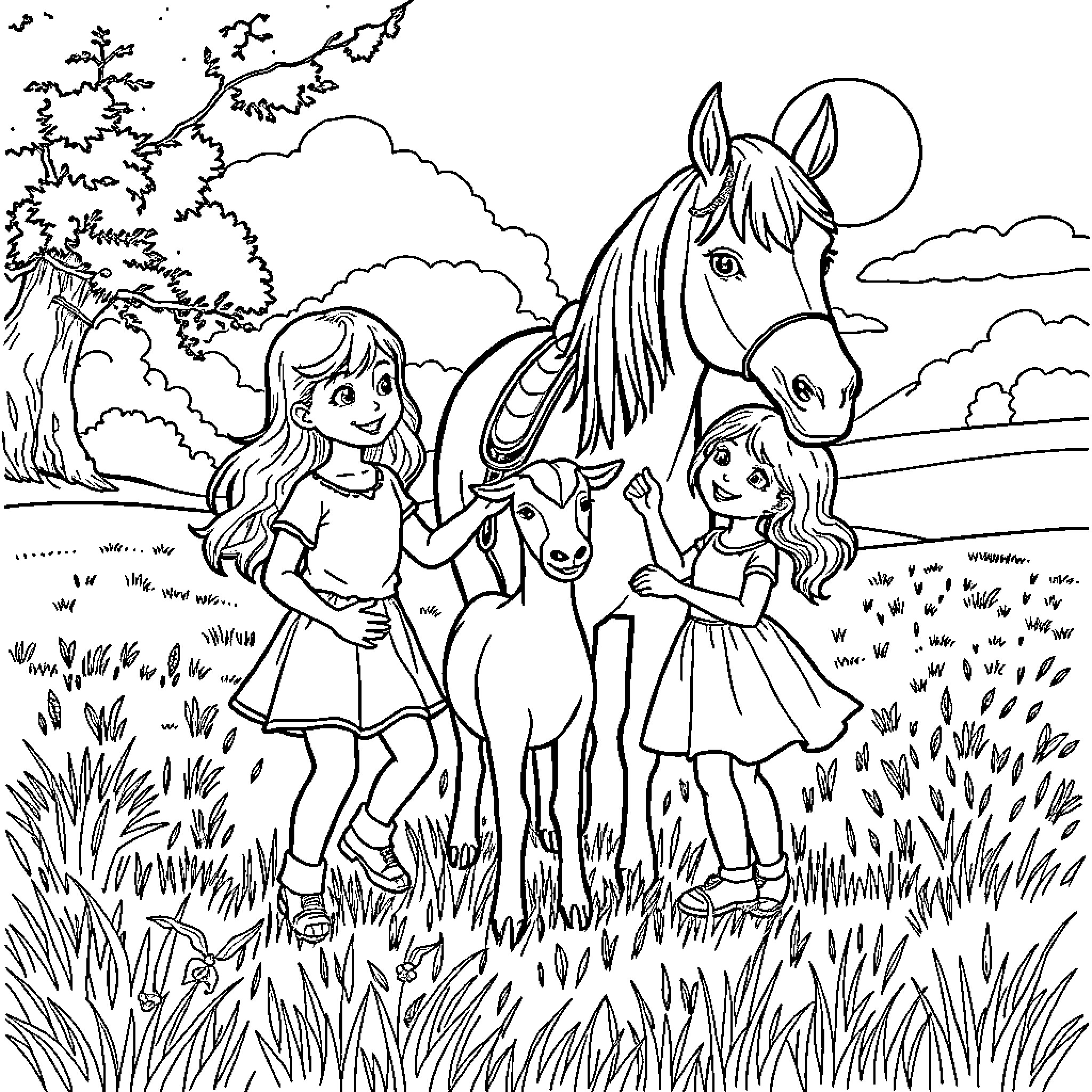Horse Girls Playing in the Countryside Coloring Page (free black-and-white line drawing printable PDF for all, from beginners to advanced learners, including children, teens, adults, and seniors)
