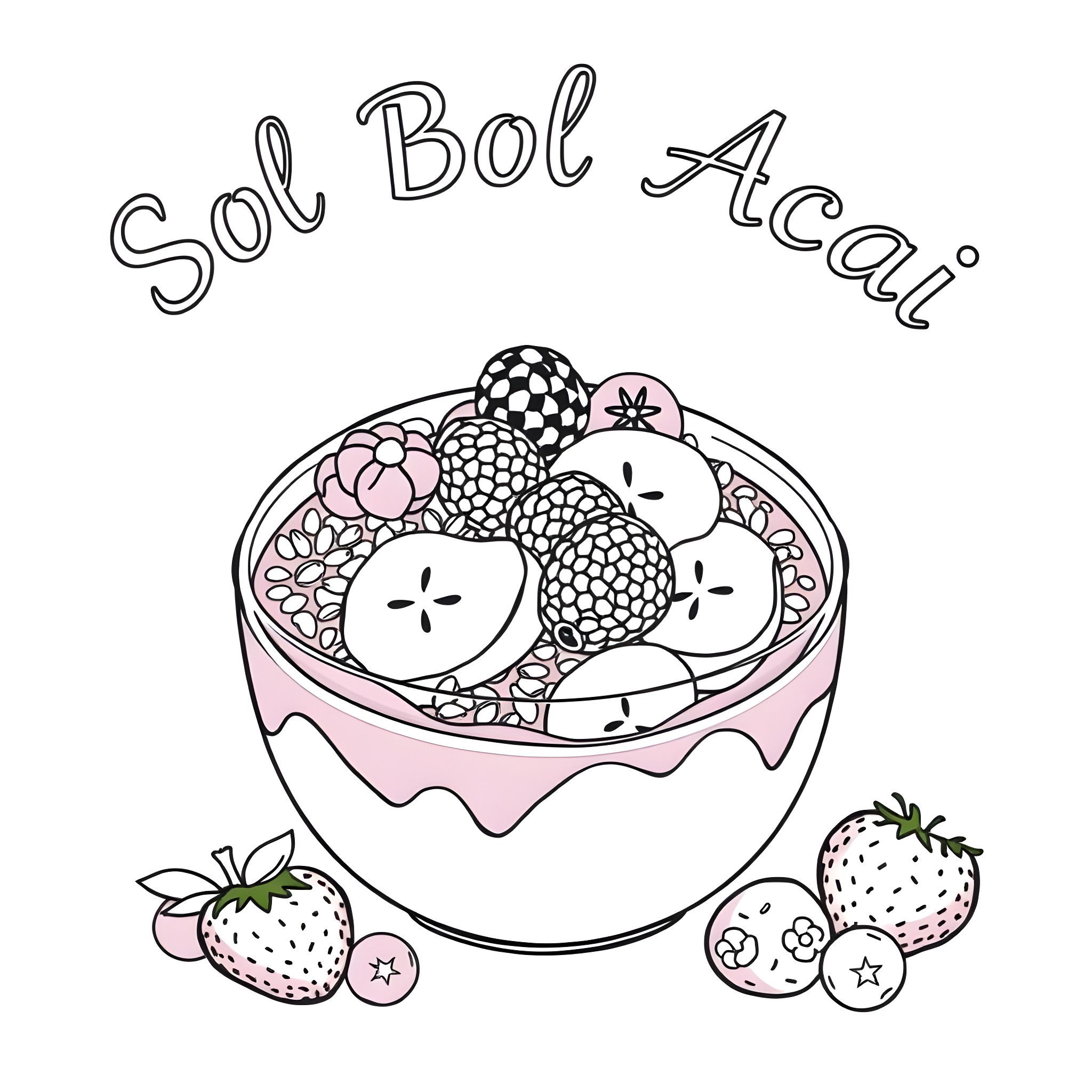 Acai Bowl with Tropical Fruits Coloring Page (free black-and-white line drawing printable PDF for all, from beginners to advanced learners, including children, teens, adults, and seniors)