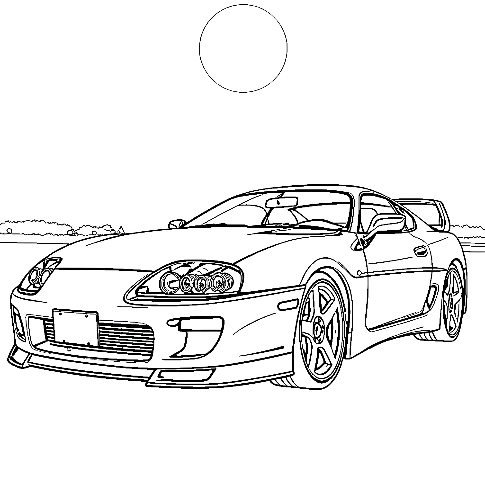 Supra sports car driving on the road Coloring Page (free black-and-white line drawing printable PDF for all, from beginners to advanced learners, including children, teens, adults, and seniors)