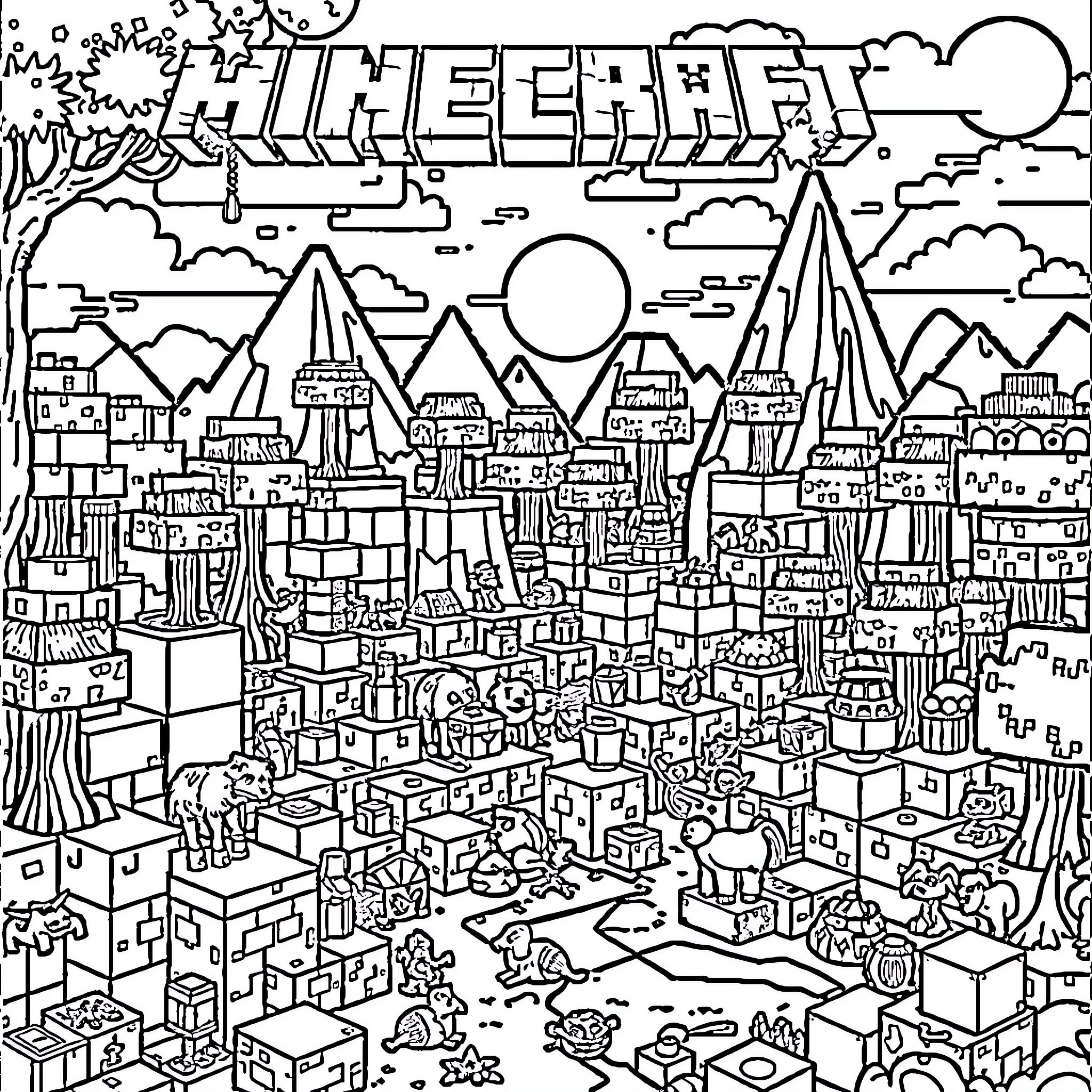 Minecraft Whimsical Cityscape with Mountains and Sun Coloring Page (free black-and-white line drawing printable PDF for all, from beginners to advanced learners, including children, teens, adults, and seniors)