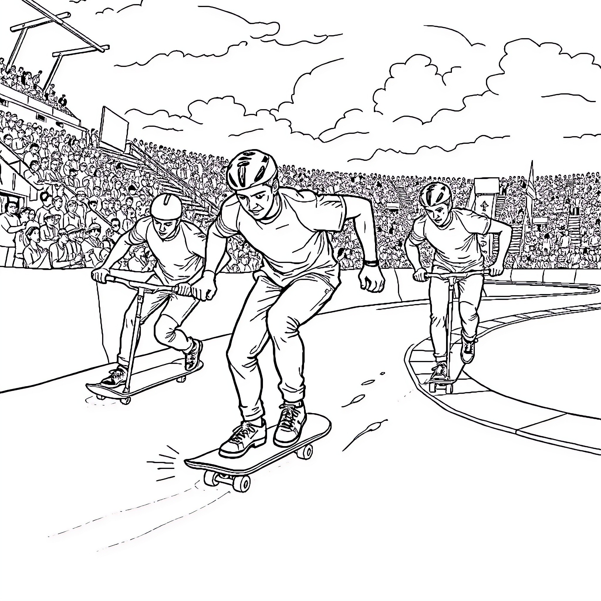 Skateboarders racing in a competitive event Coloring Page (free black-and-white line drawing printable PDF for all, from beginners to advanced learners, including children, teens, adults, and seniors)