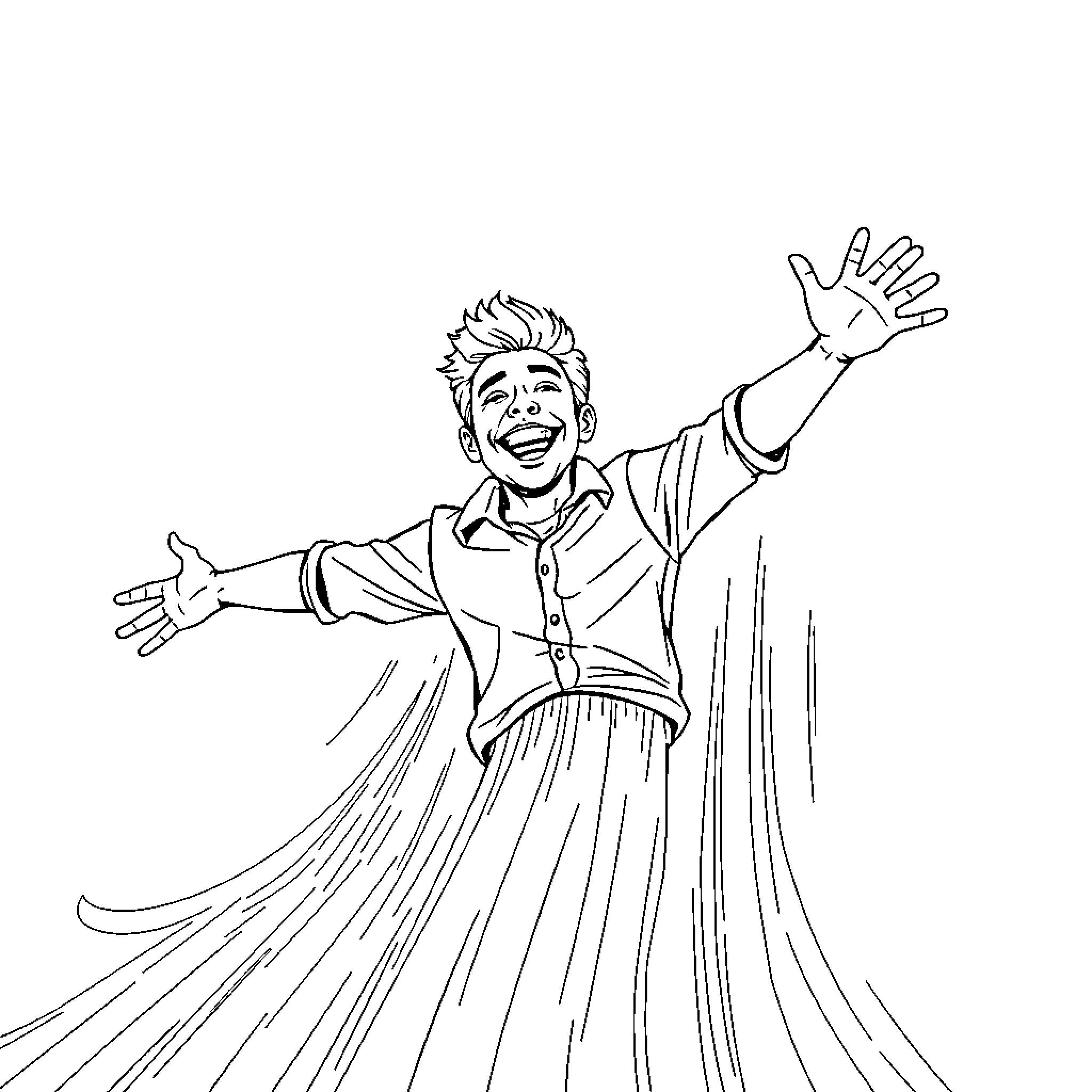Man joyfully celebrating with open arms Coloring Page (free black-and-white line drawing printable PDF for all, from beginners to advanced learners, including children, teens, adults, and seniors)