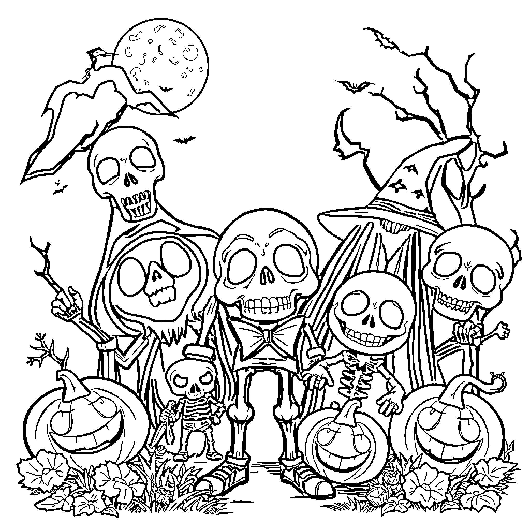Halloween skeleton characters and spooky scenes Coloring Page (free black-and-white line drawing printable PDF for all, from beginners to advanced learners, including children, teens, adults, and seniors)