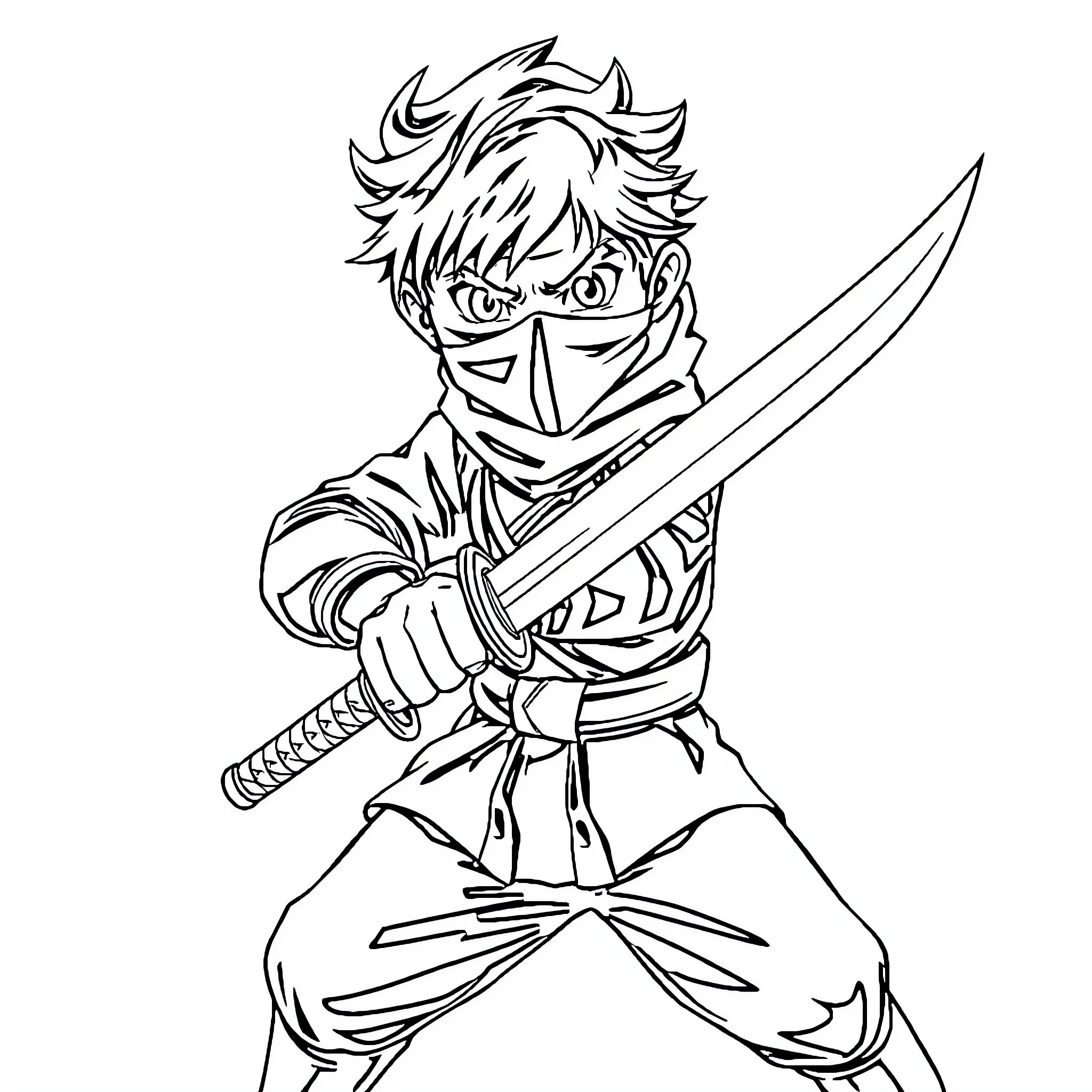 Boy wielding a sword in a heroic pose Coloring Page (free black-and-white line drawing printable PDF for all, from beginners to advanced learners, including children, teens, adults, and seniors)