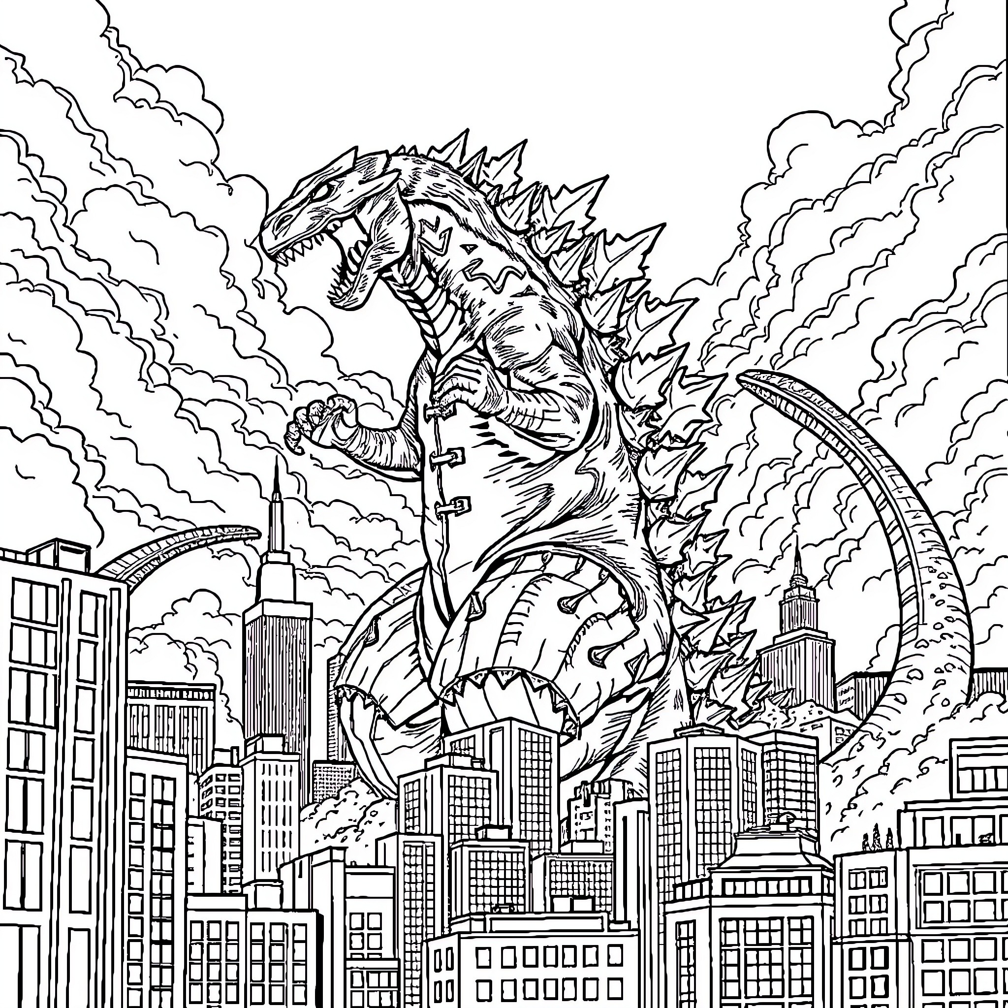 Godzilla Rampaging Through the City Skyline Coloring Page (free black-and-white line drawing printable PDF for all, from beginners to advanced learners, including children, teens, adults, and seniors)
