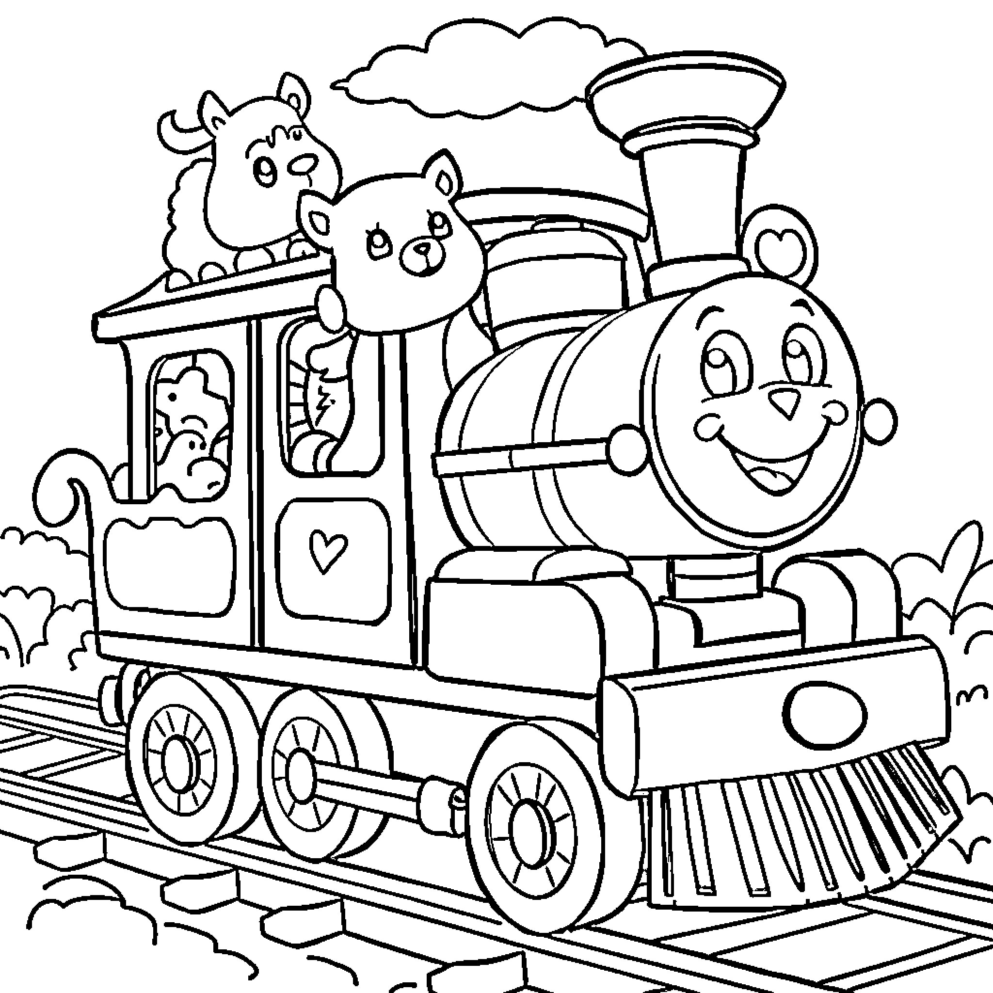 Train with Smiling Animals Passengers Coloring Page (free black-and-white line drawing printable PDF for all, from beginners to advanced learners, including children, teens, adults, and seniors)