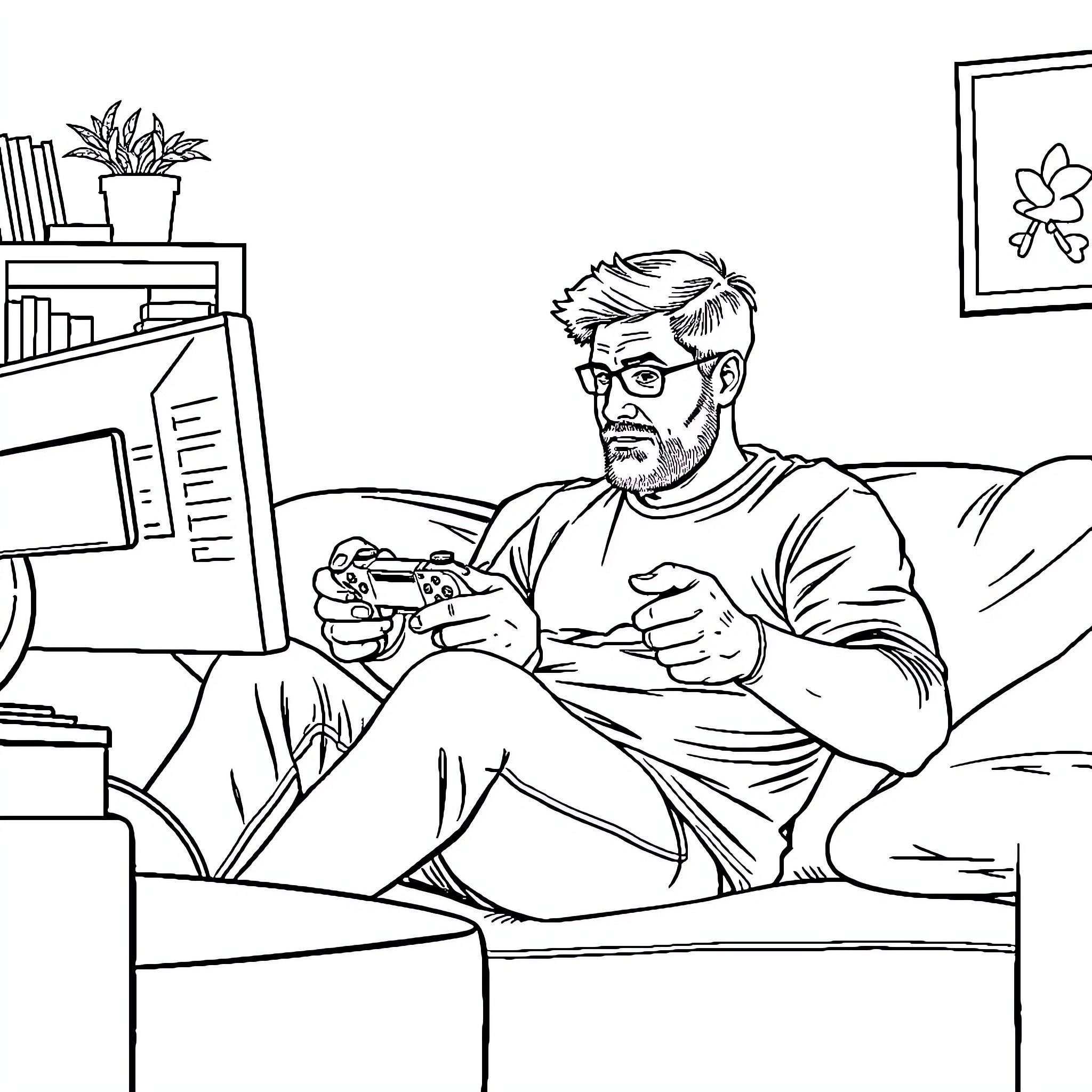 Dad playing video games on the couch Coloring Page (free black-and-white line drawing printable PDF for all, from beginners to advanced learners, including children, teens, adults, and seniors)