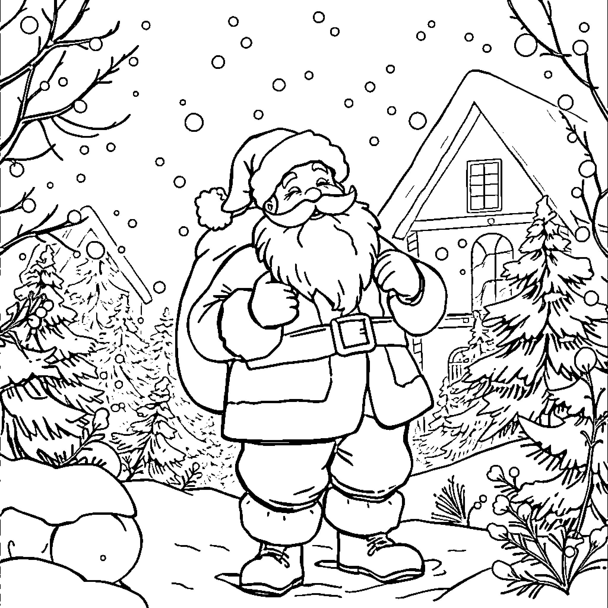 Santa Claus walking in snowy winter scene Coloring Page (free black-and-white line drawing printable PDF for all, from beginners to advanced learners, including children, teens, adults, and seniors)