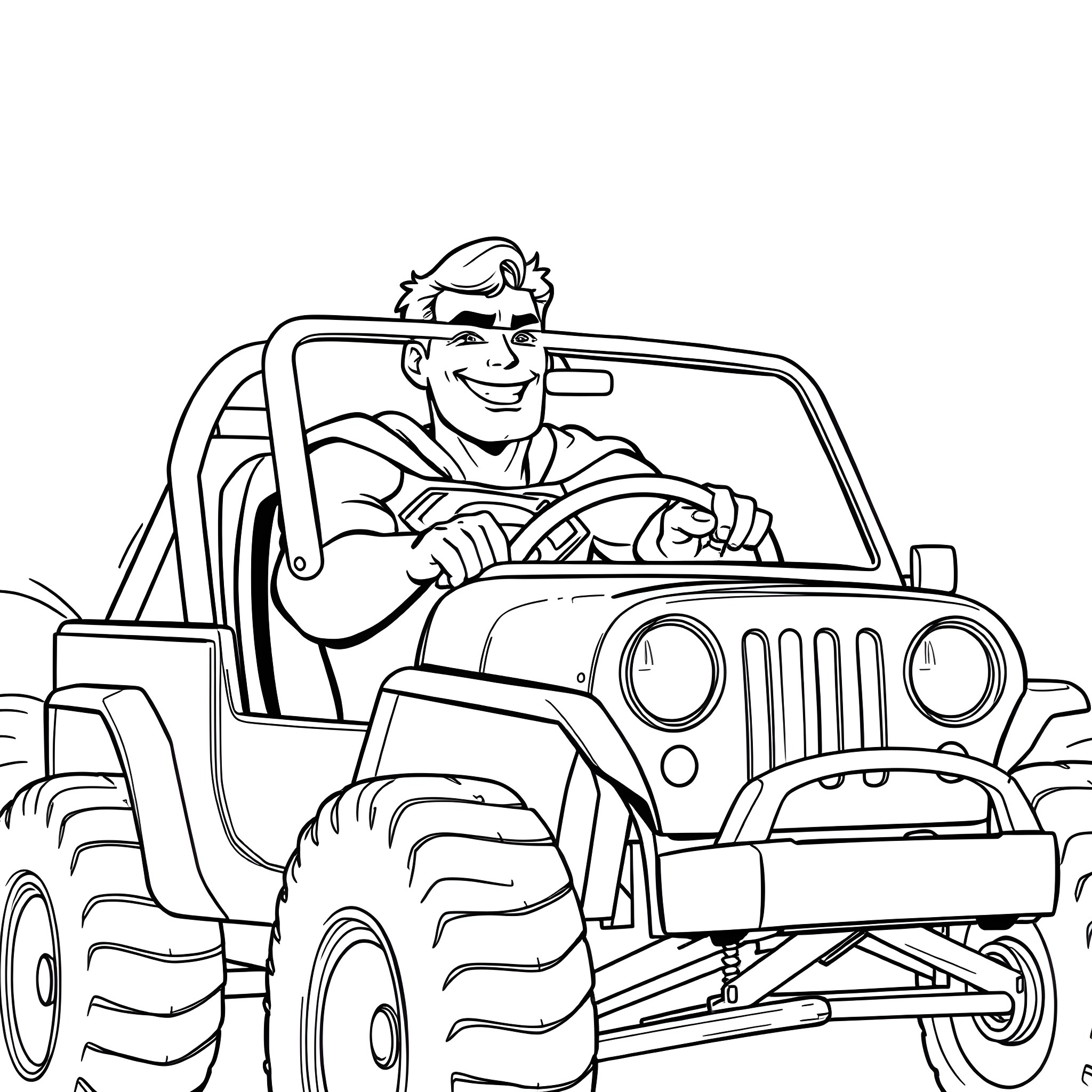 Superman driving a powerful off-road vehicle Coloring Page (free black-and-white line drawing printable PDF for all, from beginners to advanced learners, including children, teens, adults, and seniors)