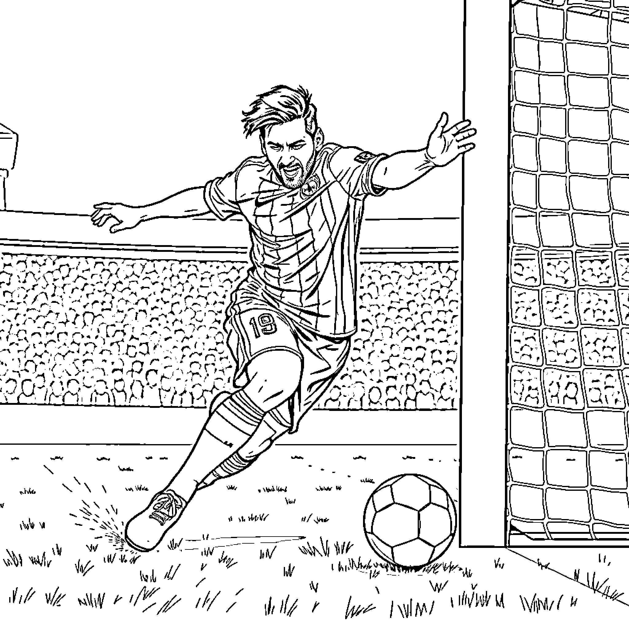 Lionel Messi celebrates goal on the soccer field Coloring Page (free black-and-white line drawing printable PDF for all, from beginners to advanced learners, including children, teens, adults, and seniors)